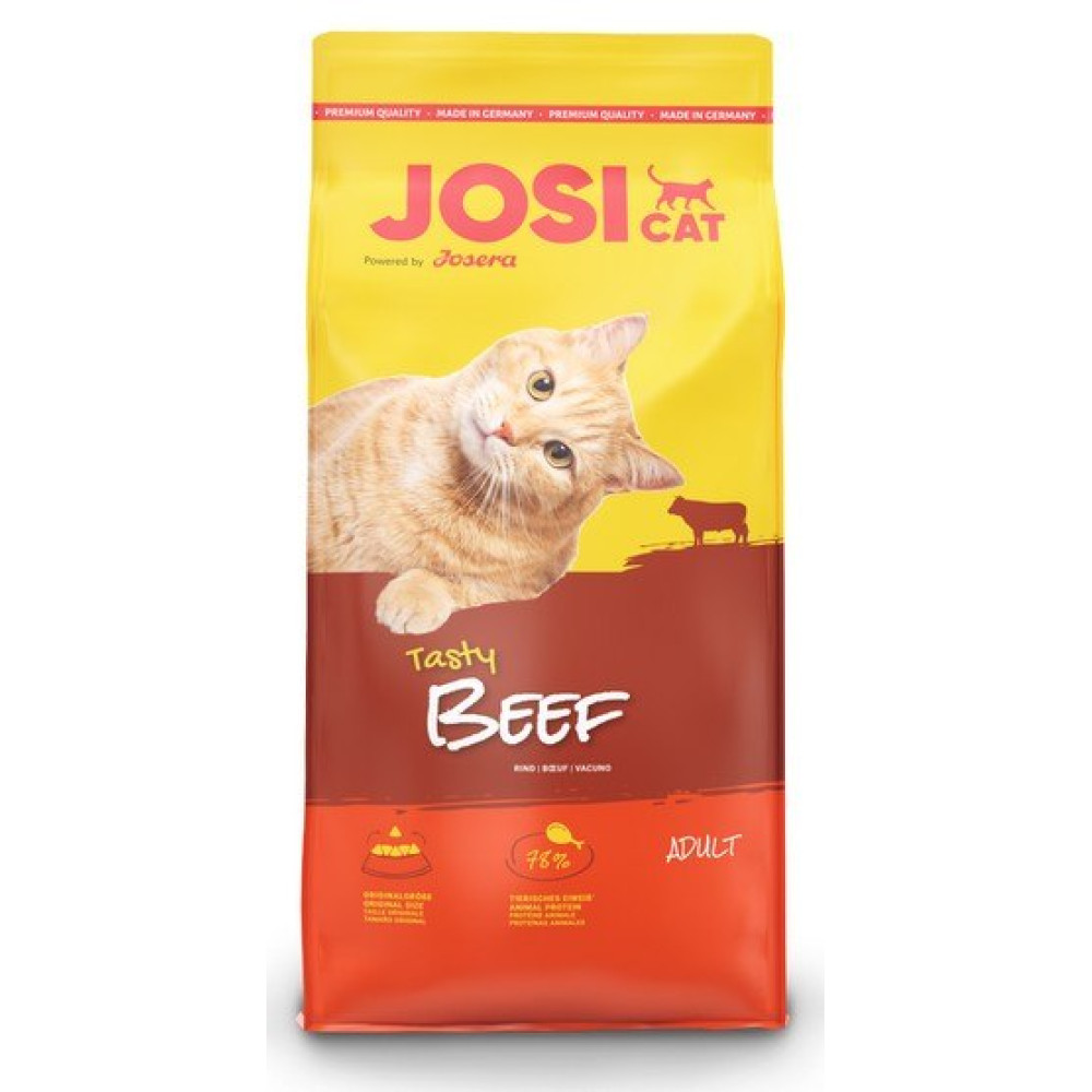 Worek suchej karmy dla kotów JosiCat Tasty Beef z pomarańczowym wzorem.