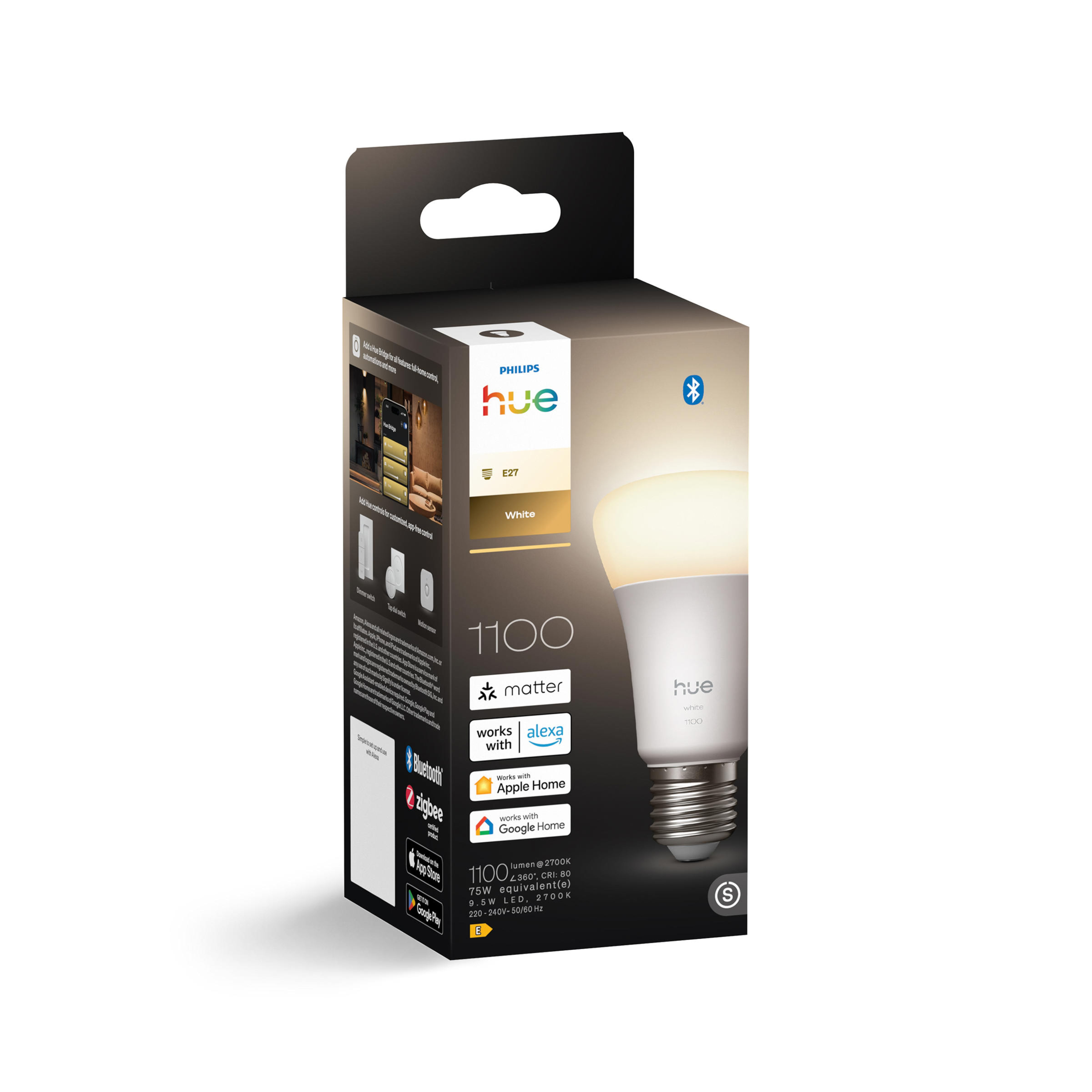 Philips Hue White E27 LED-Glühbirne in einer Verpackung mit Smart-Home-Kompatibilität.