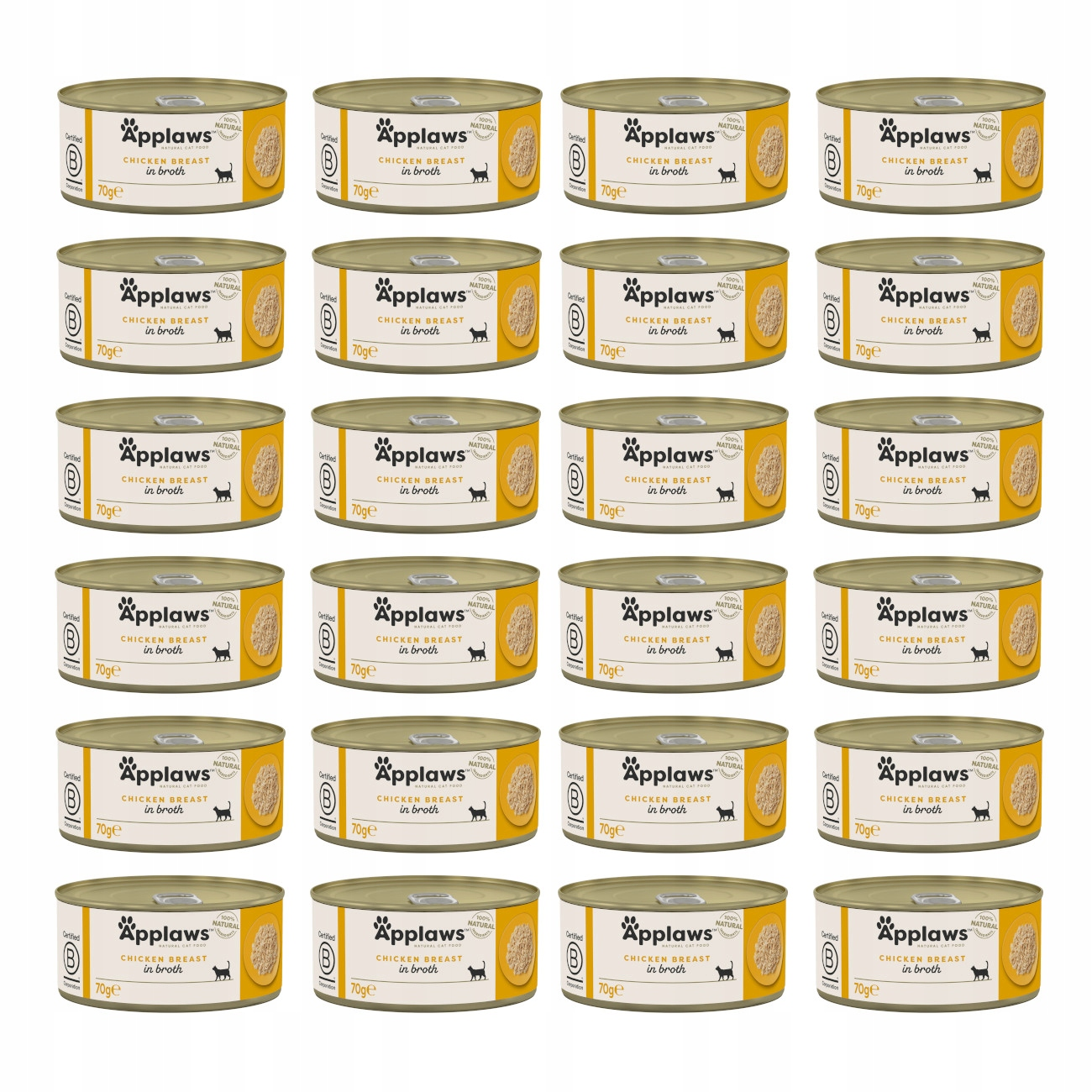 Veinticuatro latas de comida para gatos Applaws de pechuga de pollo en caldo.