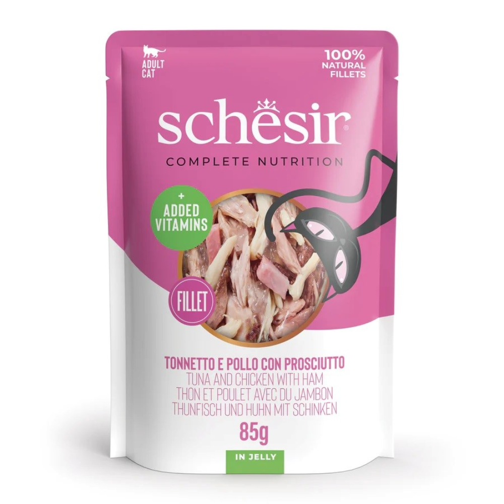 Bolsa de comida para gatos Schesir rosa con atún, pollo y jamón en gelatina, 85g.
