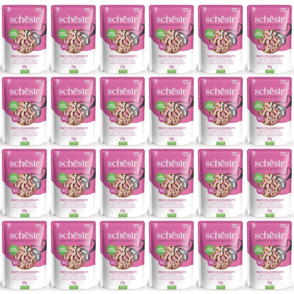 Muchas bolsitas de comida para gatos Schesir rosas con atún y pollo en gelatina.