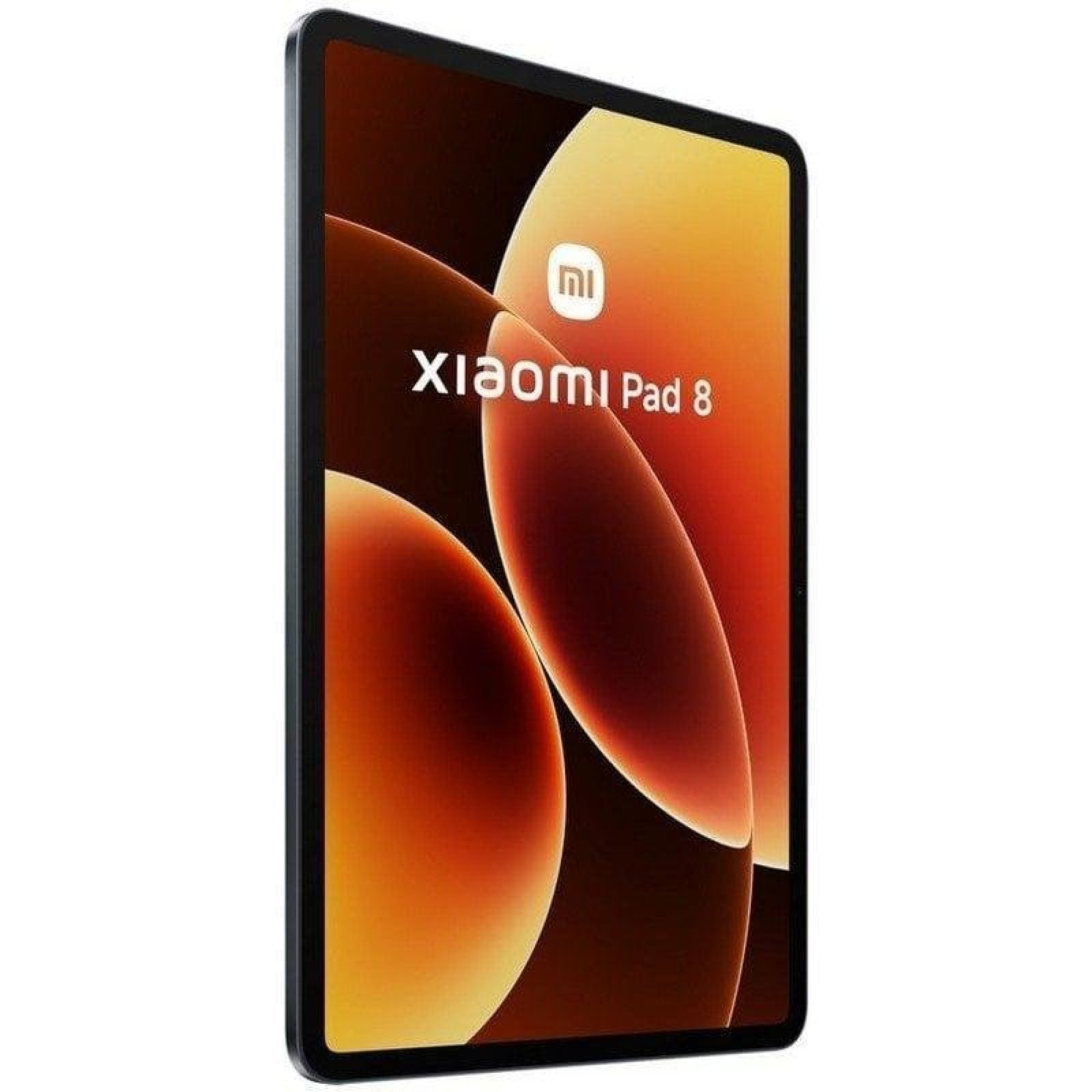 Un tablet Xiaomi Pad 8 nero inclinato a sinistra, con uno sfondo astratto arancione e testo.
