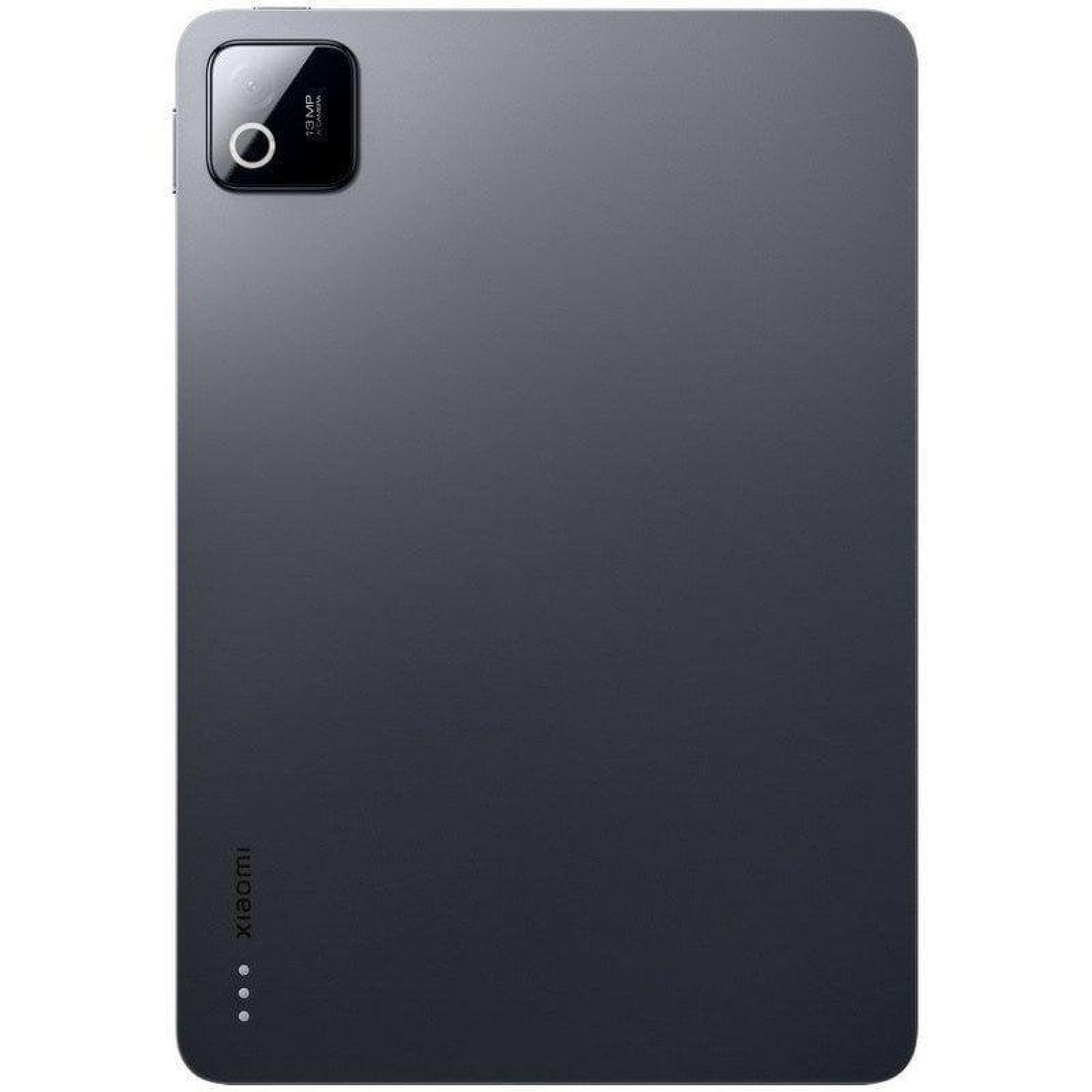 Retro di un tablet Xiaomi scuro con modulo fotocamera rettangolare in alto a sinistra e logo Xiaomi in basso.