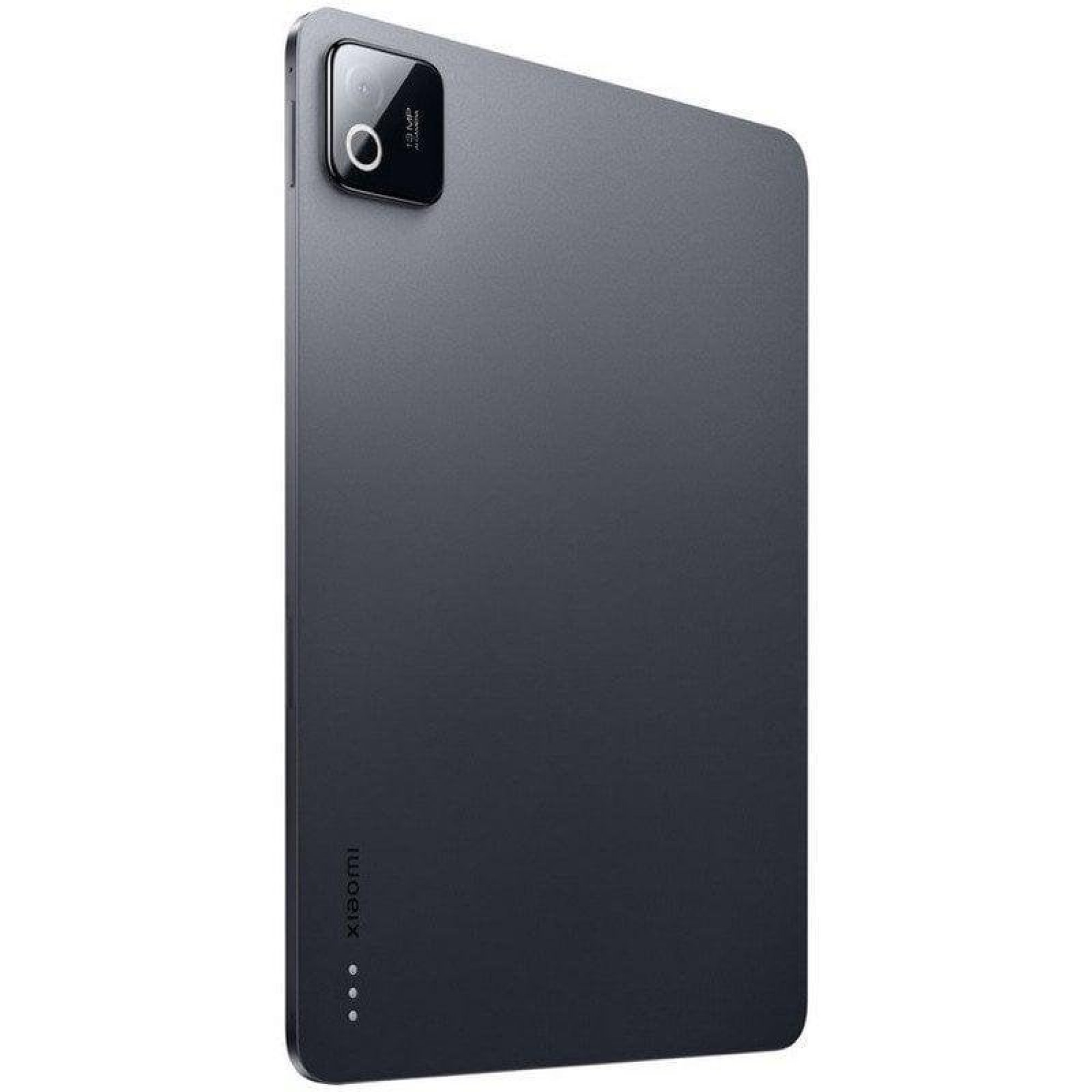 Retro di un tablet Xiaomi grigio scuro con modulo fotocamera e tre pin in basso.