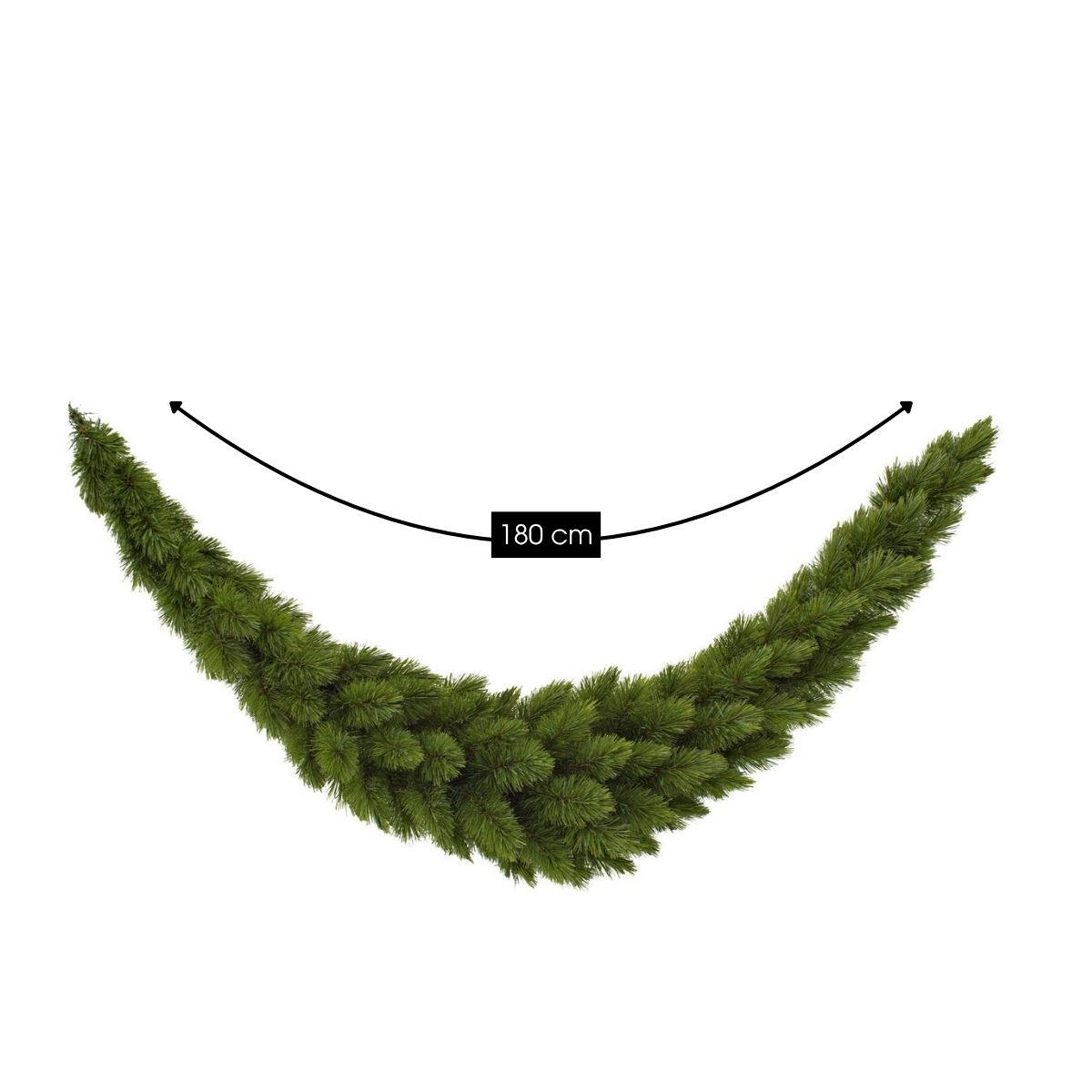 Une guirlande de pin artificielle verte de 180 cm de long sur fond blanc.