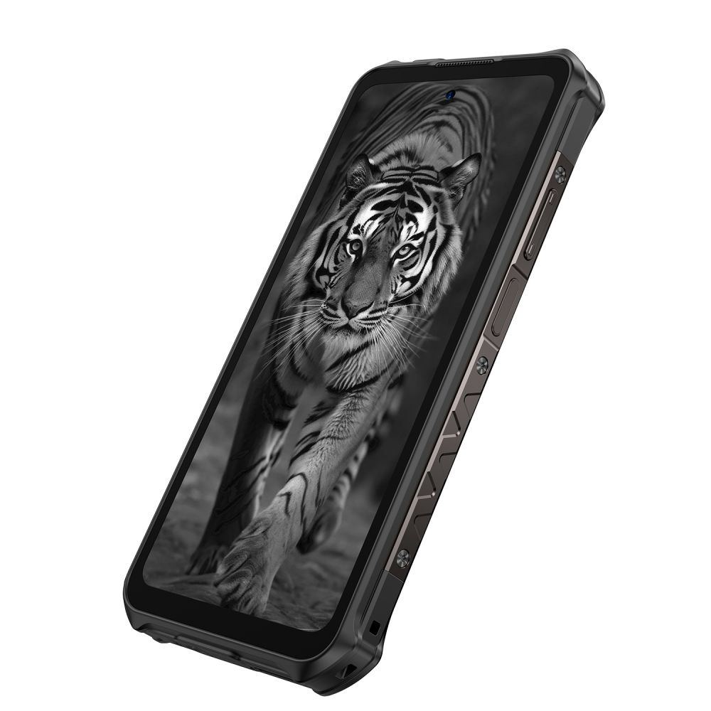 Wytrzymały czarny smartfon wyświetla na ekranie czarno-biały obraz tygrysa w ruchu.