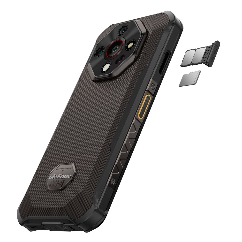 Czarny, wytrzymały smartfon Ulefone z teksturowanymi pleckami, modułem aparatu i osobną tacką na kartę SIM.
