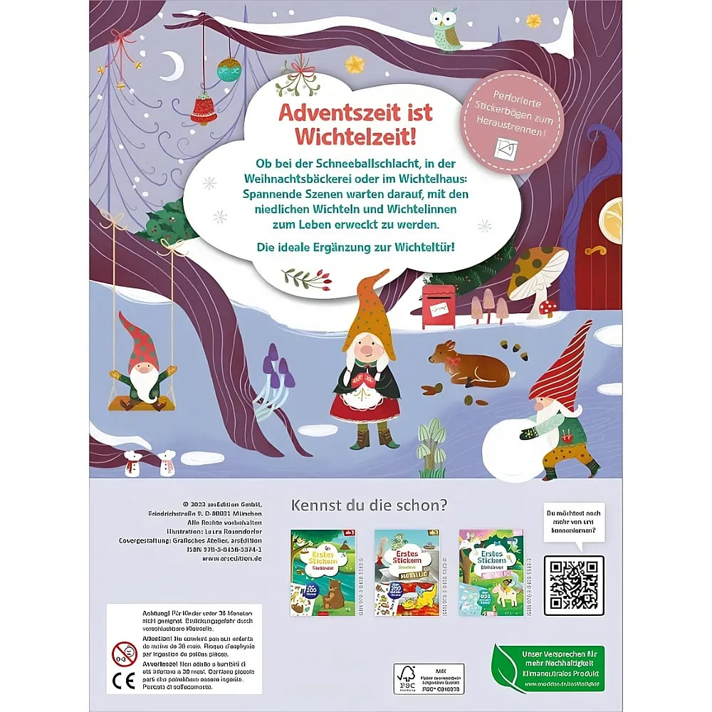 Illusionierte Weihnachtsszene mit Gnoemen im Schnee, Text und Buchcovern am unteren Rand.