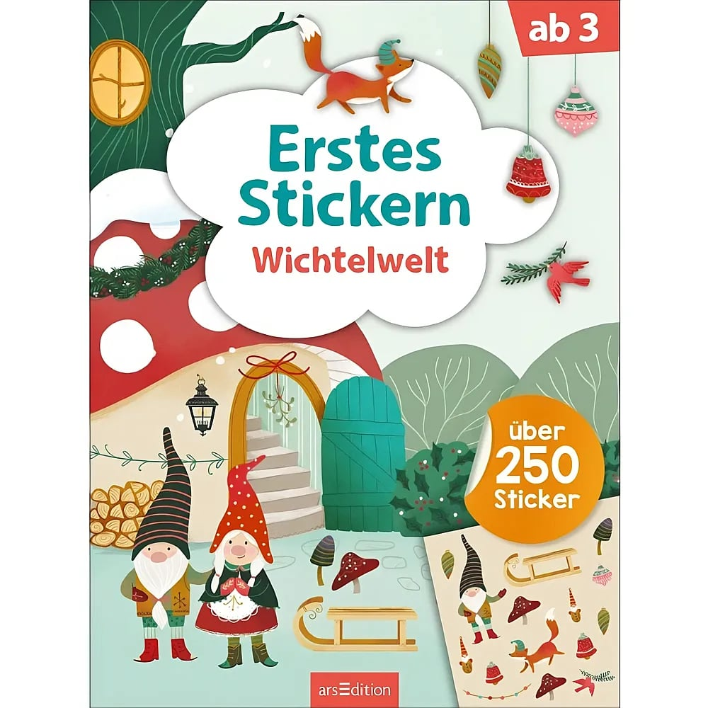 Cover eines Kinder-Stickerbuchs mit zwei Gnomen, einem Pilzhaus, Waldtieren und Weihnachtsschmuck.