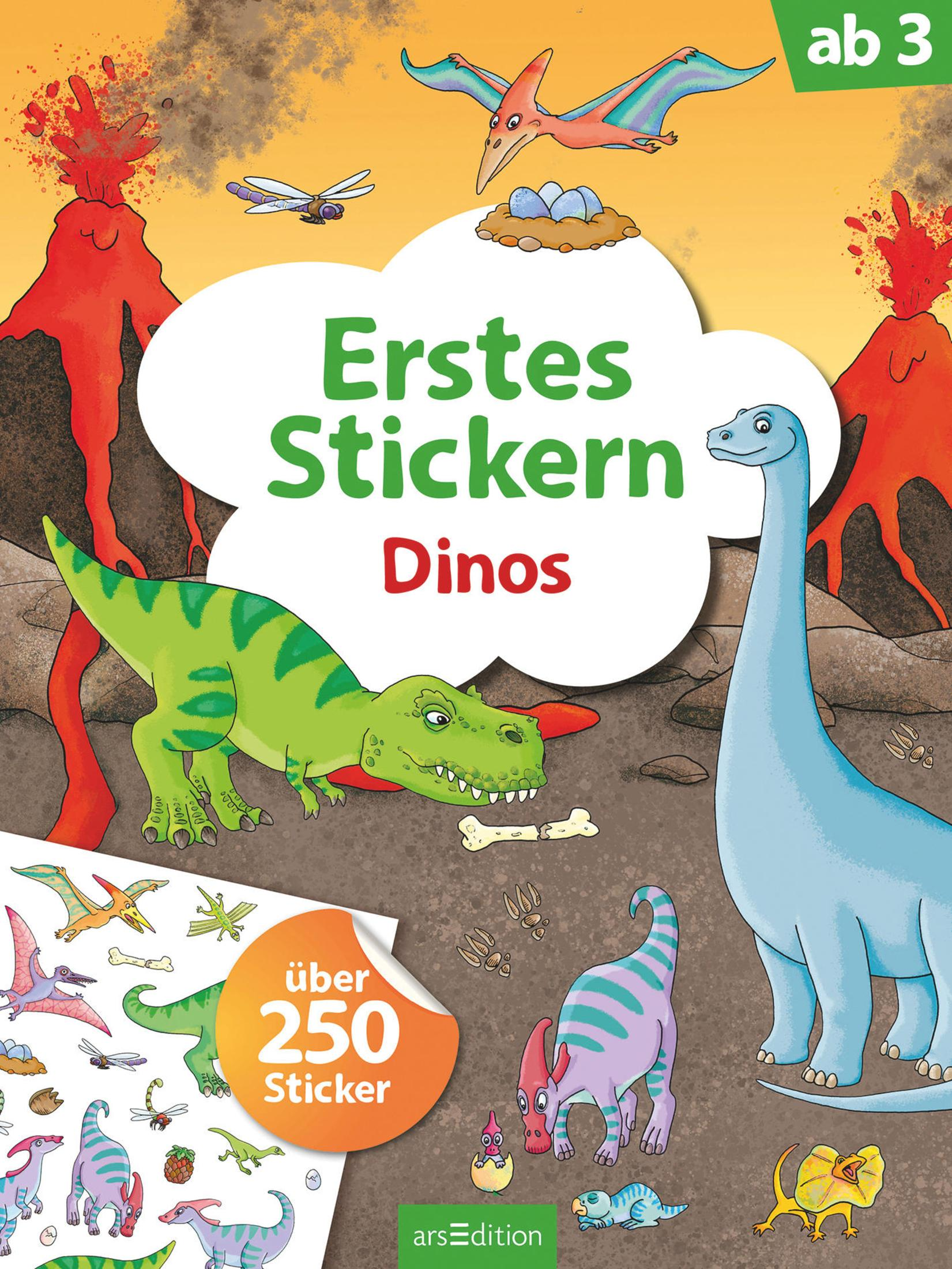 Buntes Dino-Stickerbuch mit Vulkanen, T-Rex, Langhalsdino und einem Flugsaurier.