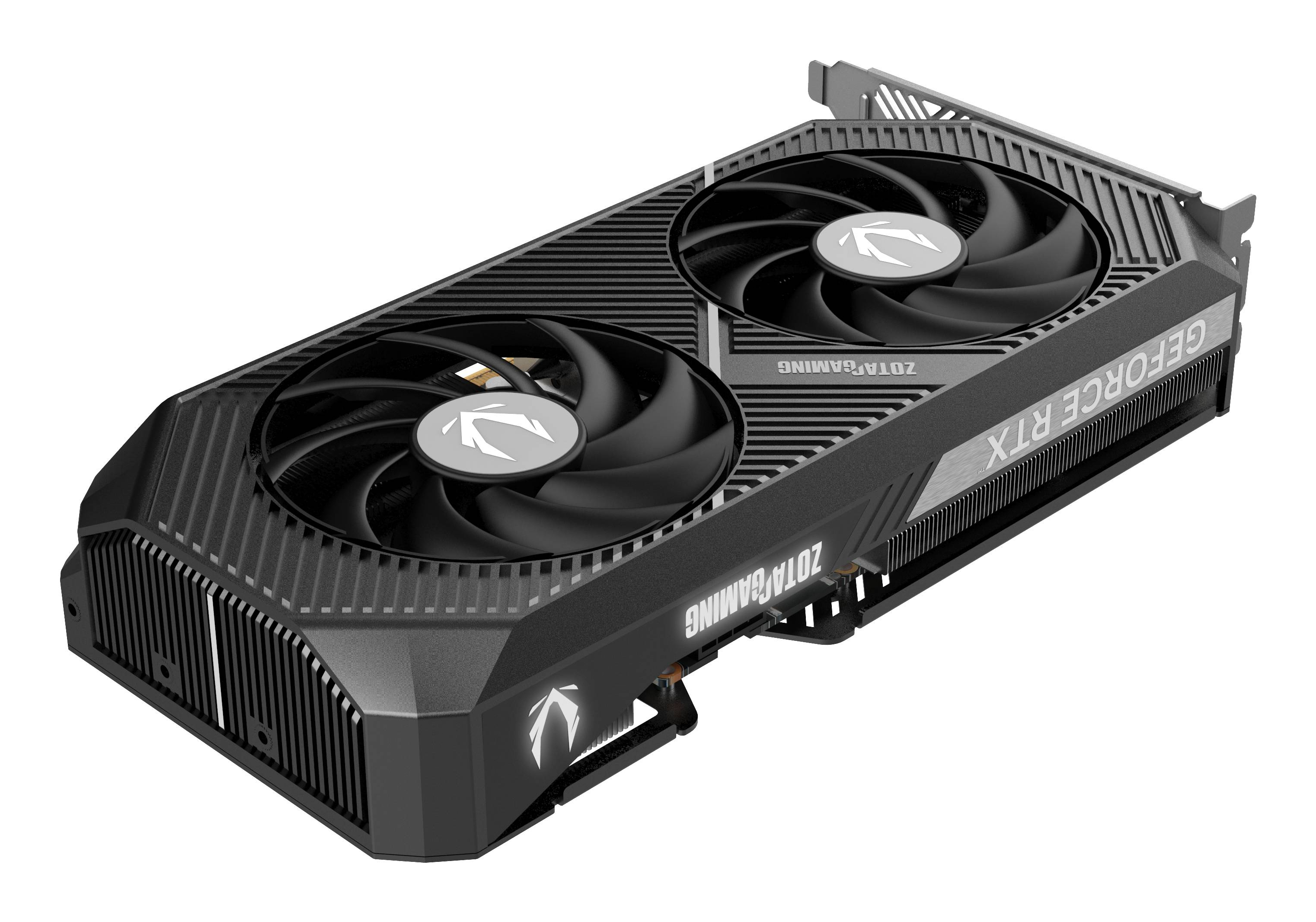 Czarna karta graficzna Zotac Gaming z dwoma wentylatorami i napisem GeForce RTX na białym tle.