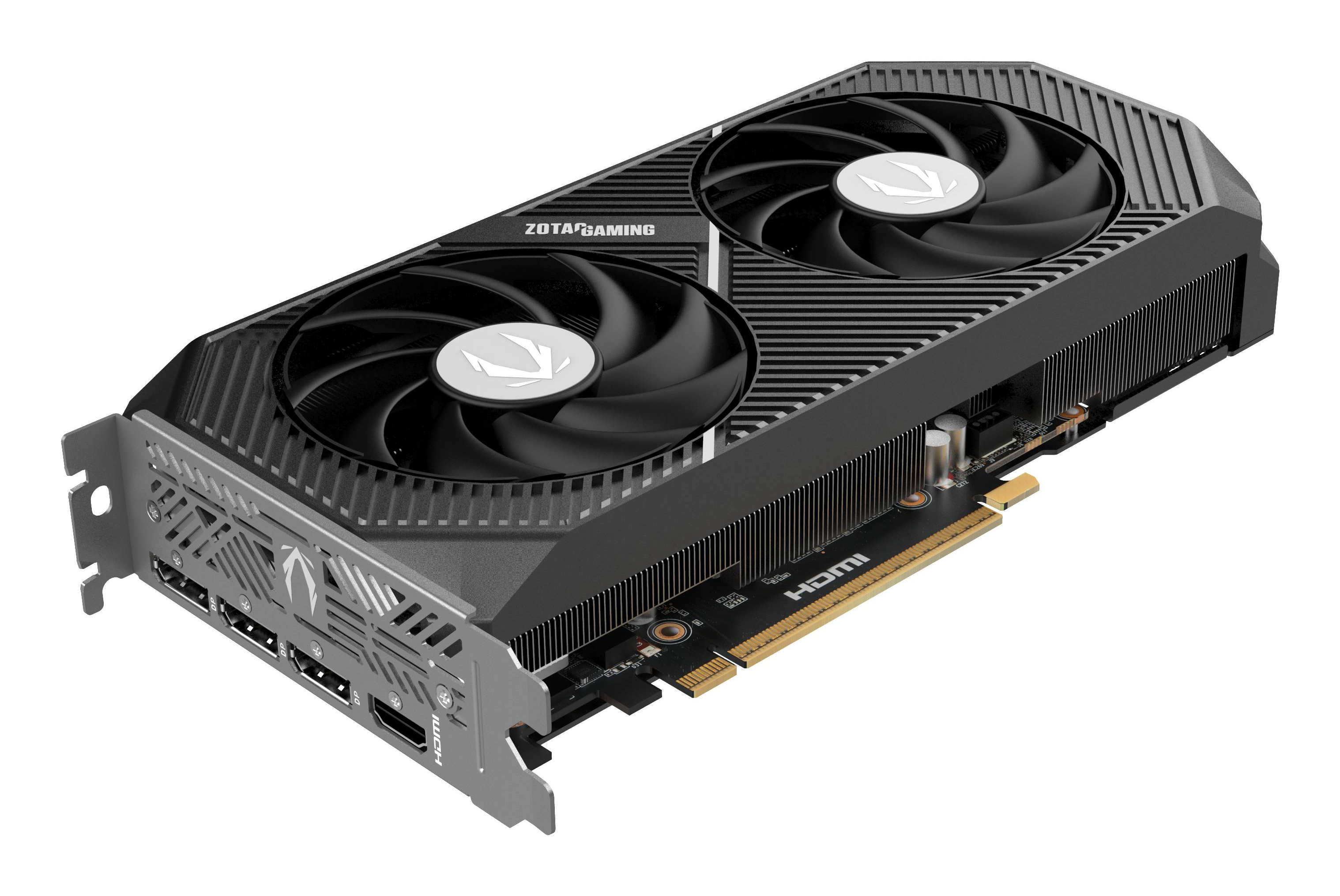 Czarna karta graficzna Zotac Gaming z dwoma wentylatorami, srebrnym śledziem i złotymi stykami PCIe na białym tle.