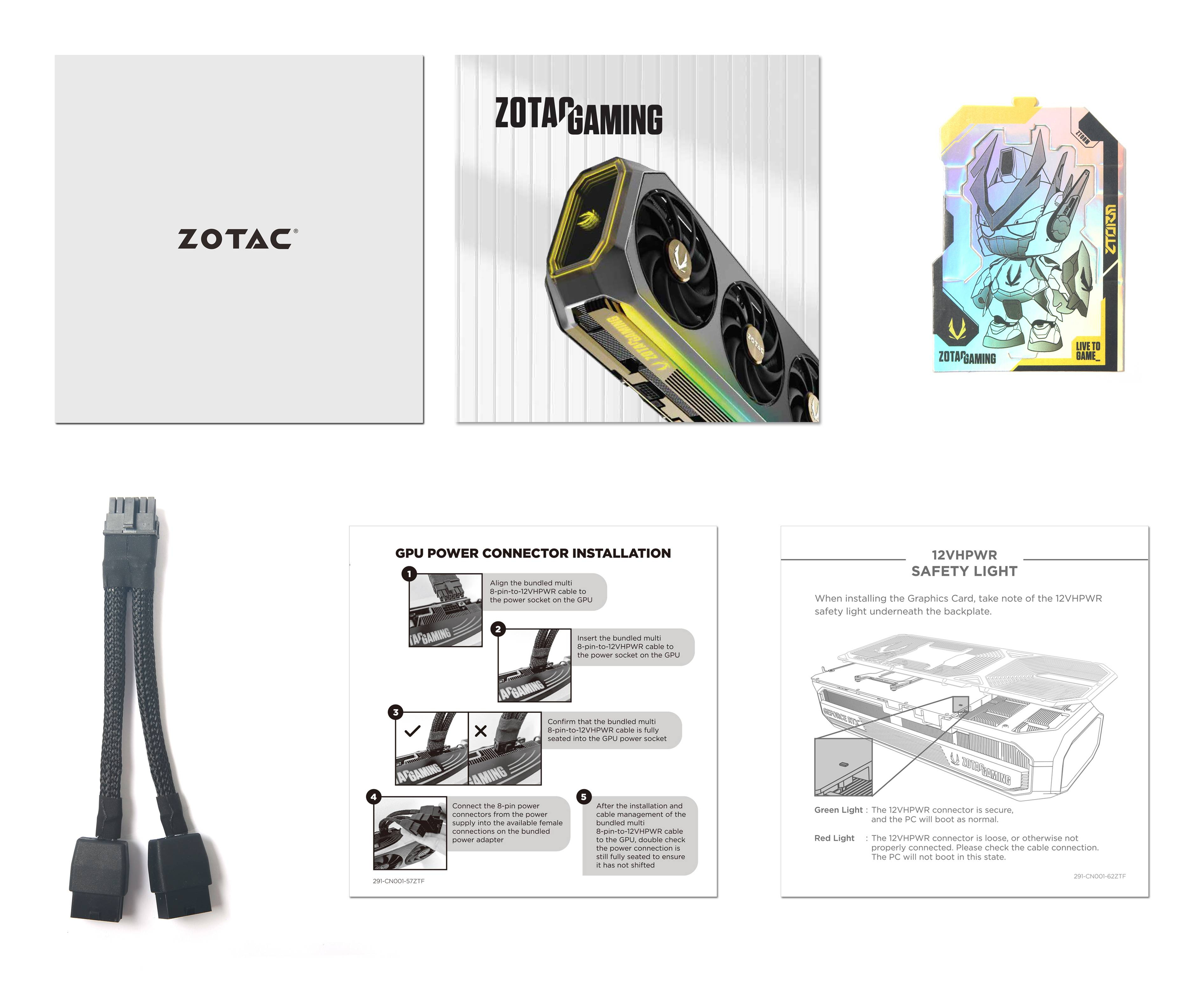 Opakowanie karty graficznej Zotac gaming, GPU, kabel zasilający, karta postaci i instrukcje montażu.