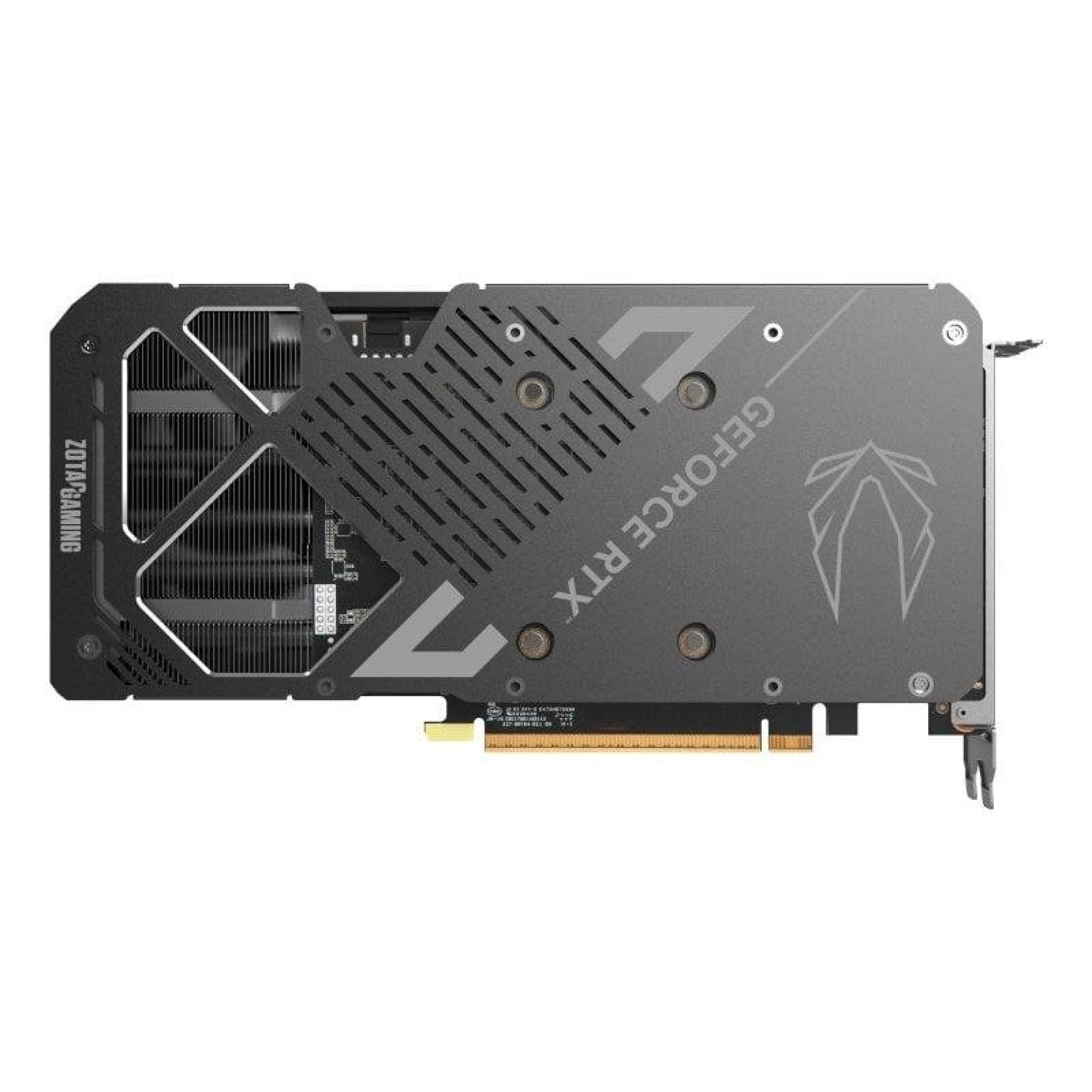 Czarno-szara karta graficzna Zotac Gaming GeForce RTX z płytą tylną na białym tle.