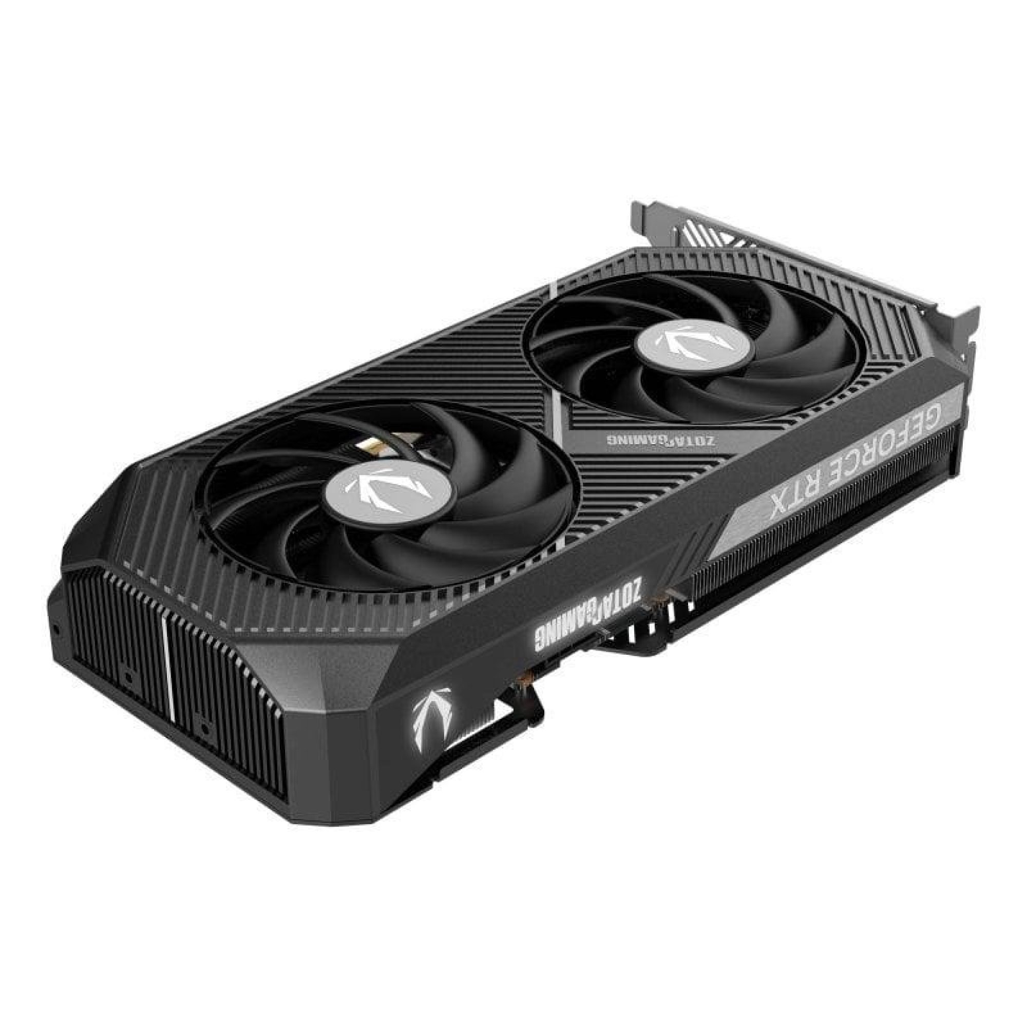 Czarna karta graficzna Zotac Gaming z dwoma wentylatorami i logo GeForce RTX.