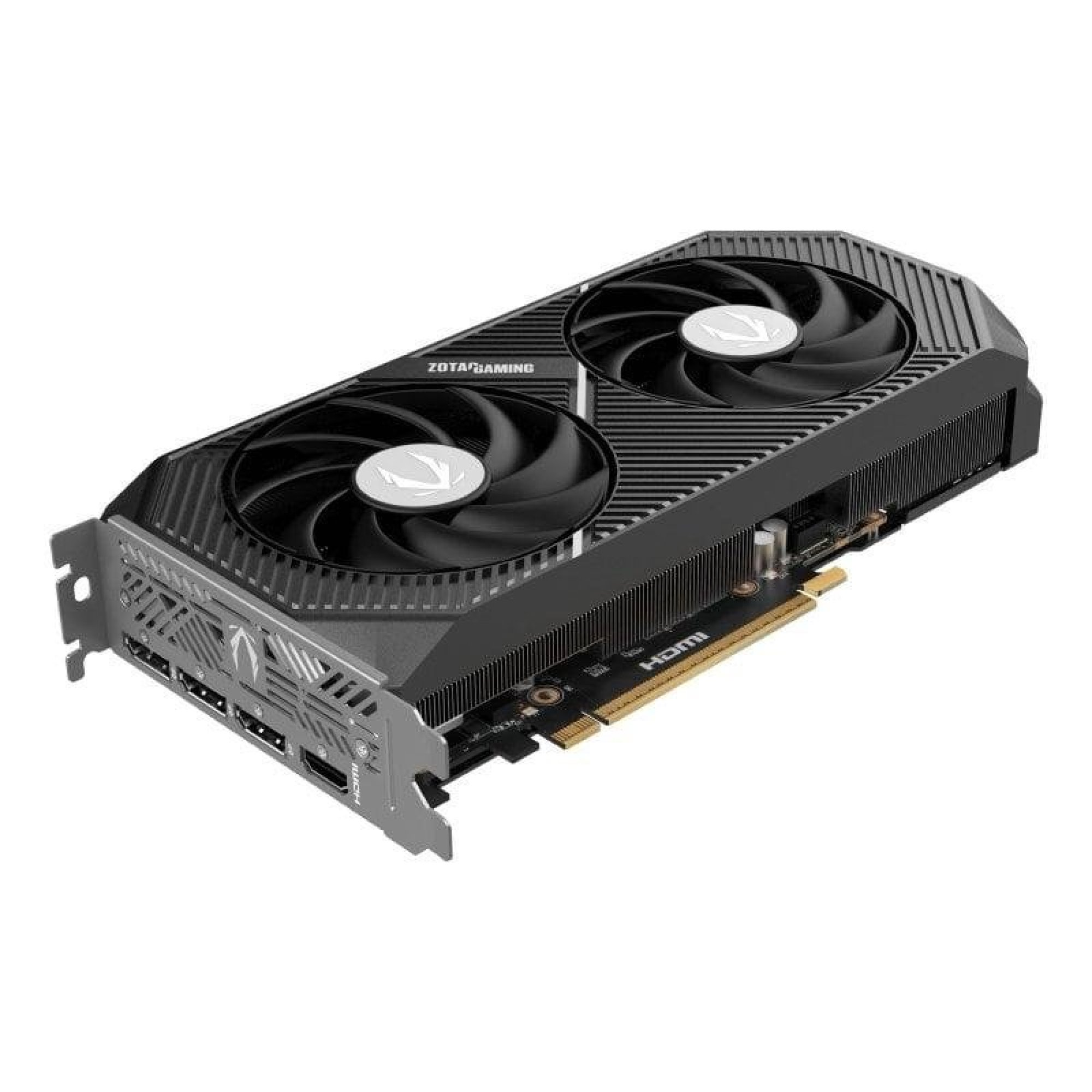 Czarna karta graficzna Zotac Gaming z dwoma wentylatorami i portami na białym tle.