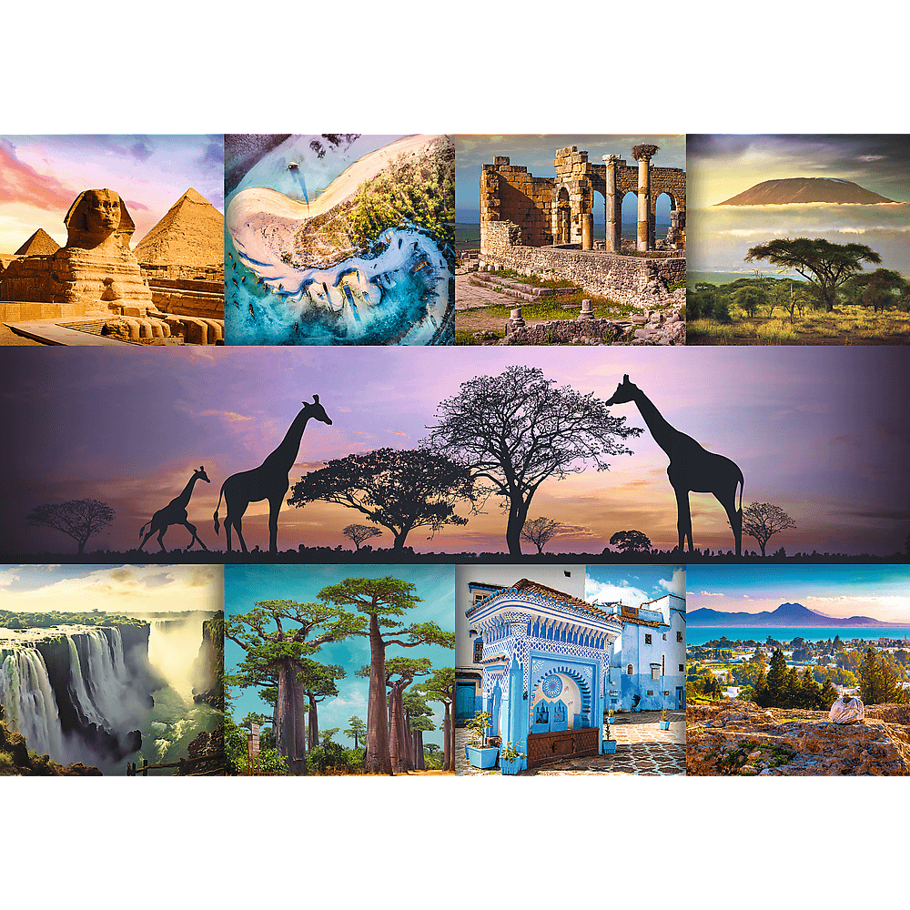 Eine Fotocollage afrikanischer Landschaften mit der Sphinx, antiken Ruinen, Affenbrotbäumen, Wasserfällen und Giraffen.