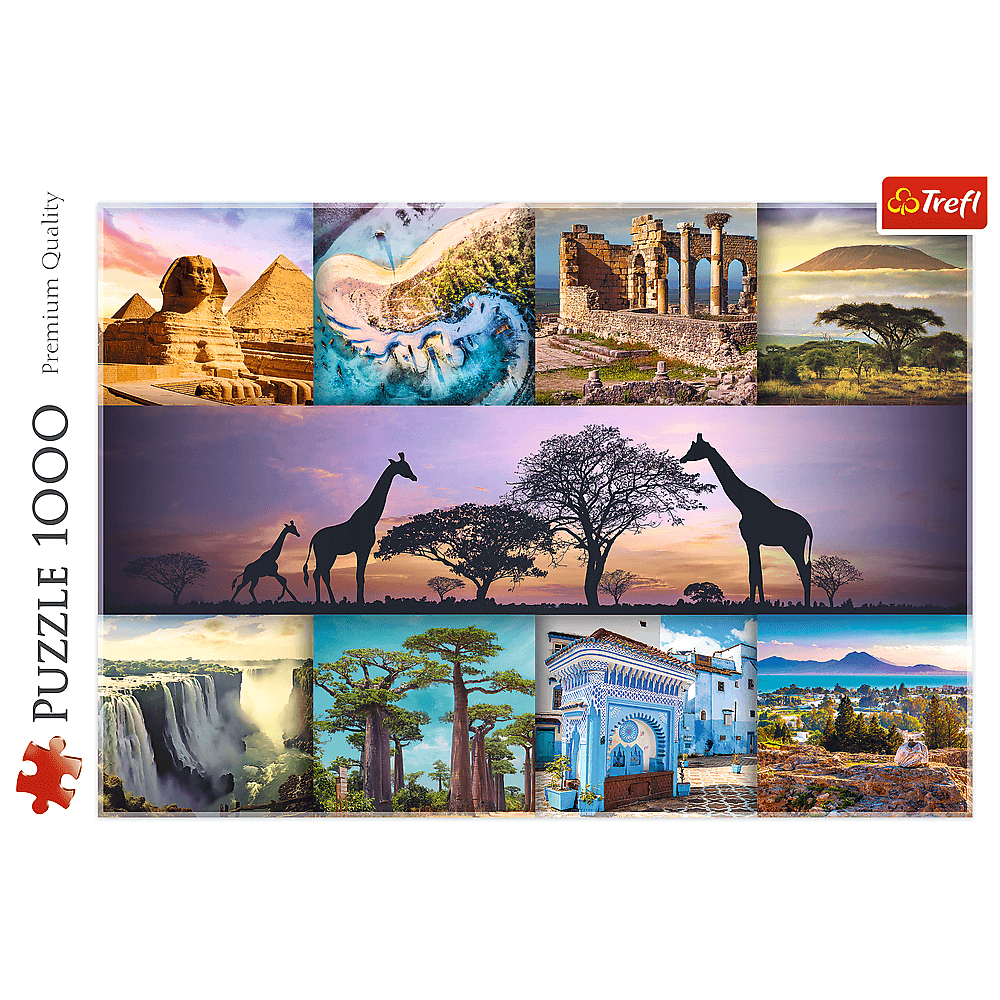 Eine Fotocollage auf einer Puzzle-Schachtel zeigt afrikanische Landschaften, Pyramiden, Giraffen und Baobab-Bäume.