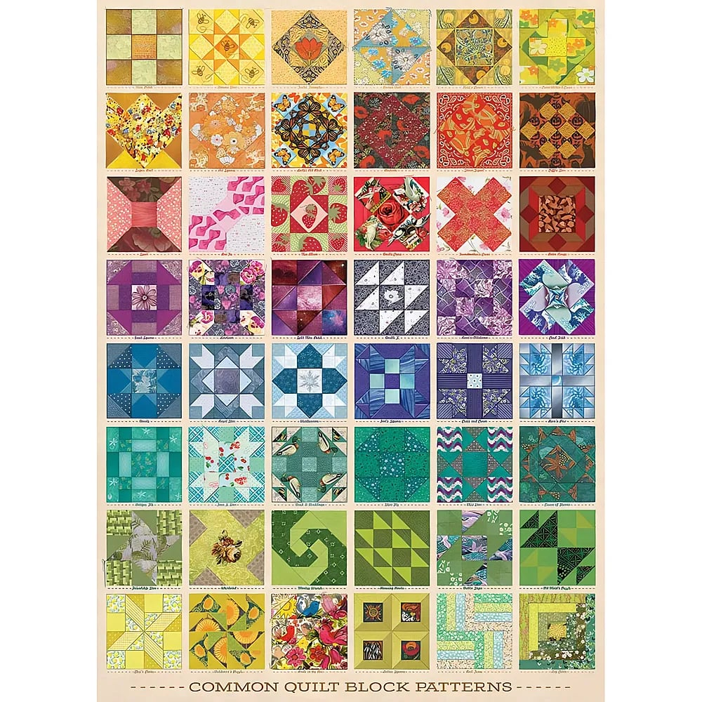 Ein Poster zeigt bunte Quilt-Block-Muster in einem Raster auf hellem Hintergrund.