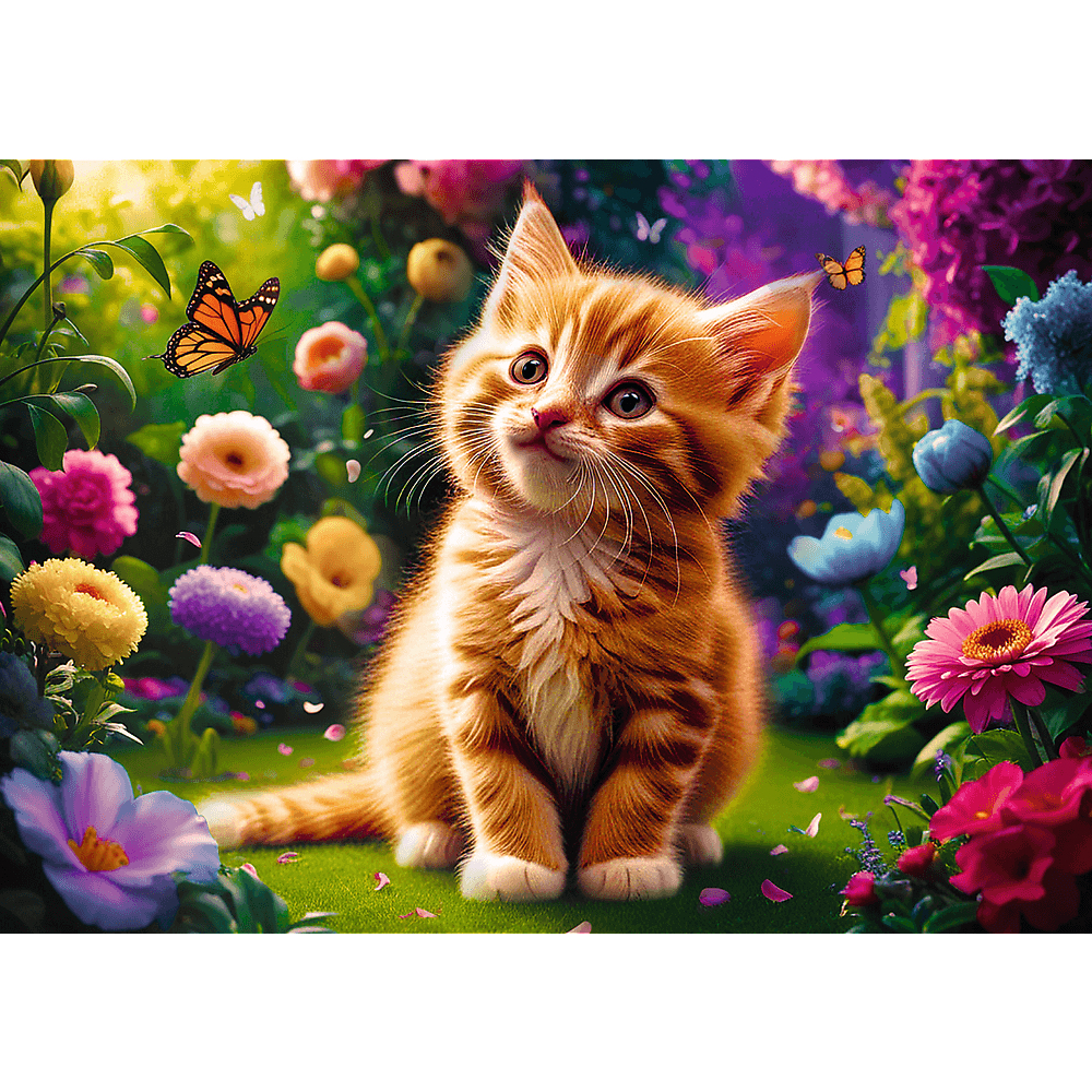 Ein kleines orangefarbenes Kätzchen sitzt in einem blühenden Garten mit bunten Blumen und Schmetterlingen.