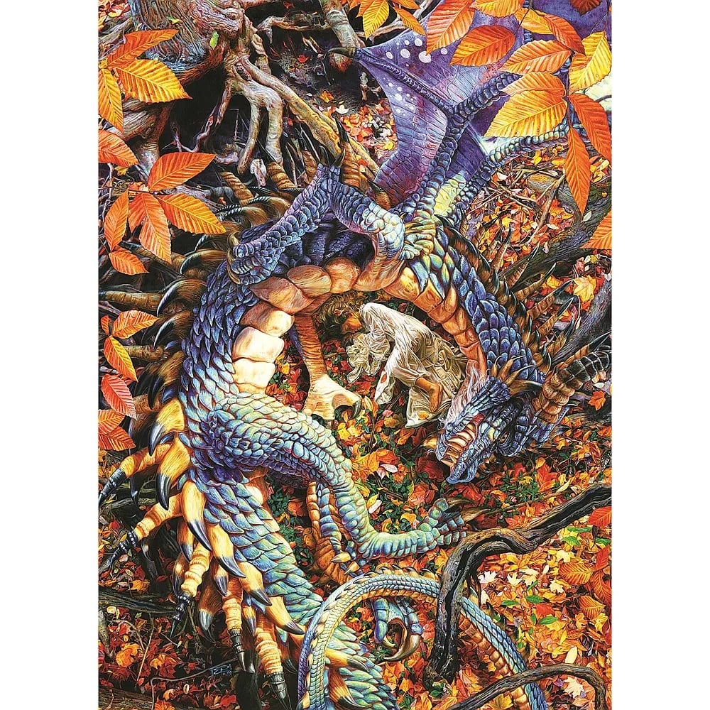 Ein großer blauer und orangefarbener Drache rollt sich schützend um eine Person im Herbstlaub.