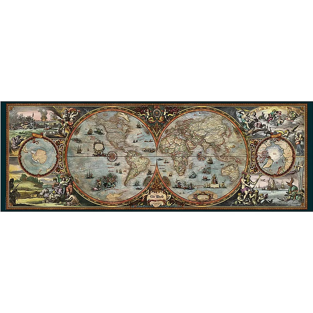 Antike Weltkarte im alten Stil mit zwei großen Erdkugeln und figürlichen Illustrationen.