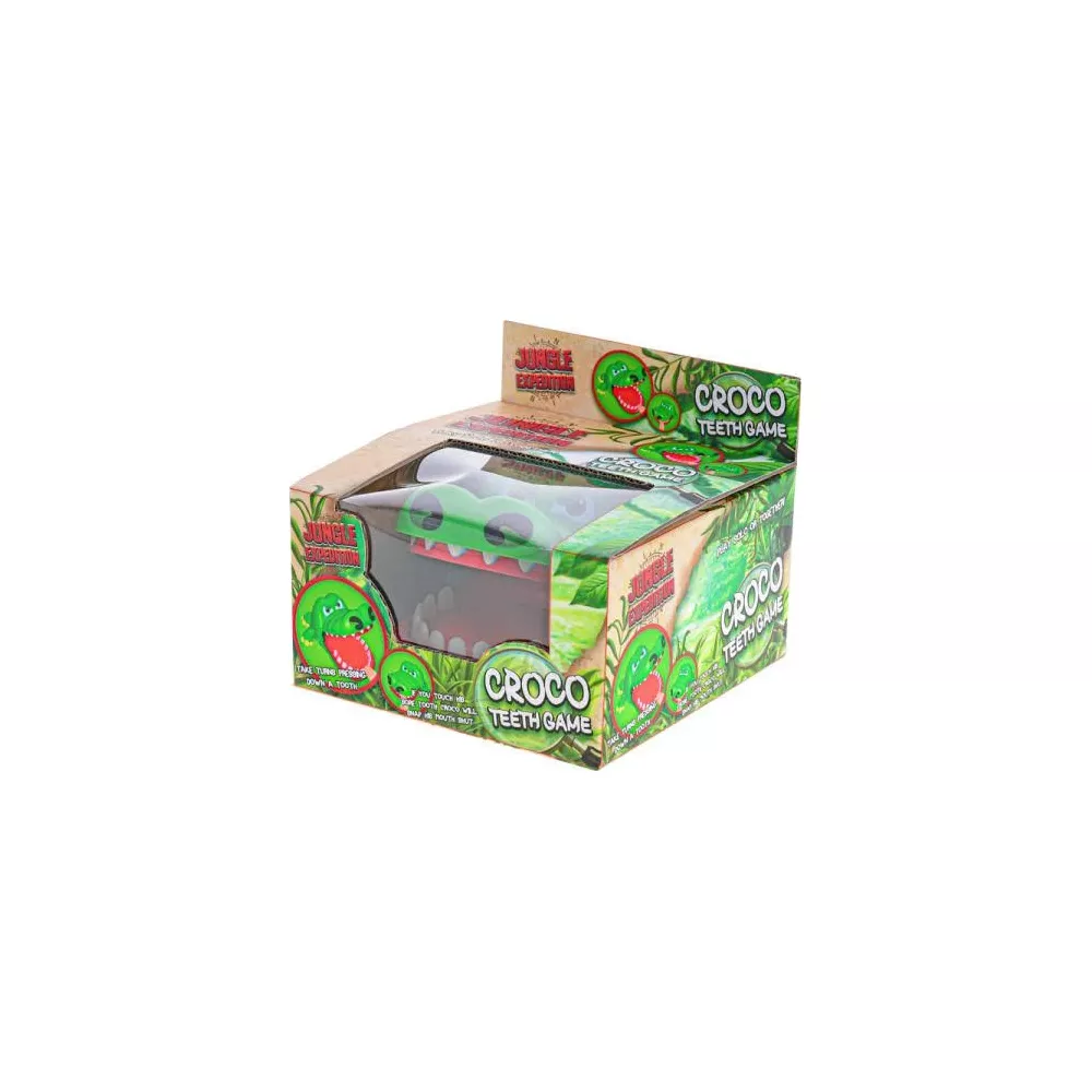 Une boîte en carton du jeu Croco Teeth montre une tête de crocodile verte avec une bouche ouverte sur fond blanc.