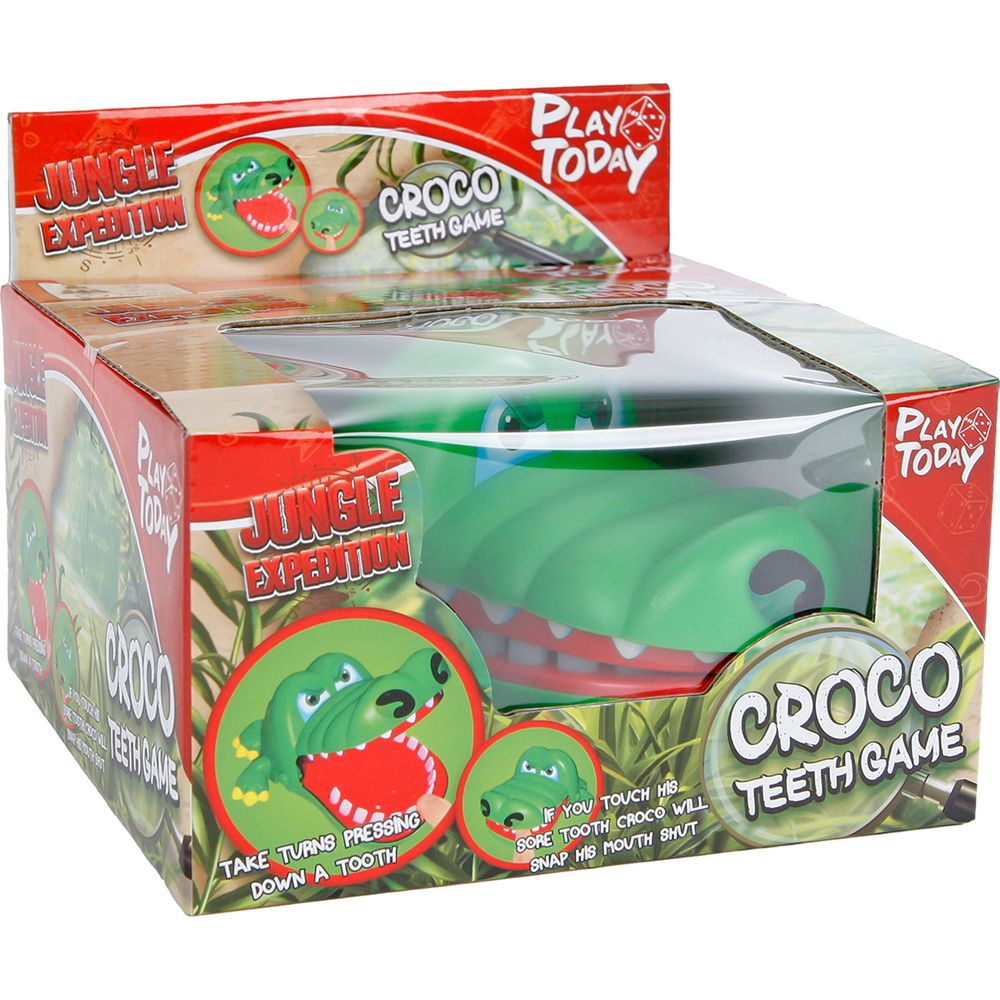 Emballage d'un jeu de dentiste crocodile vert avec des accents rouges et blancs.