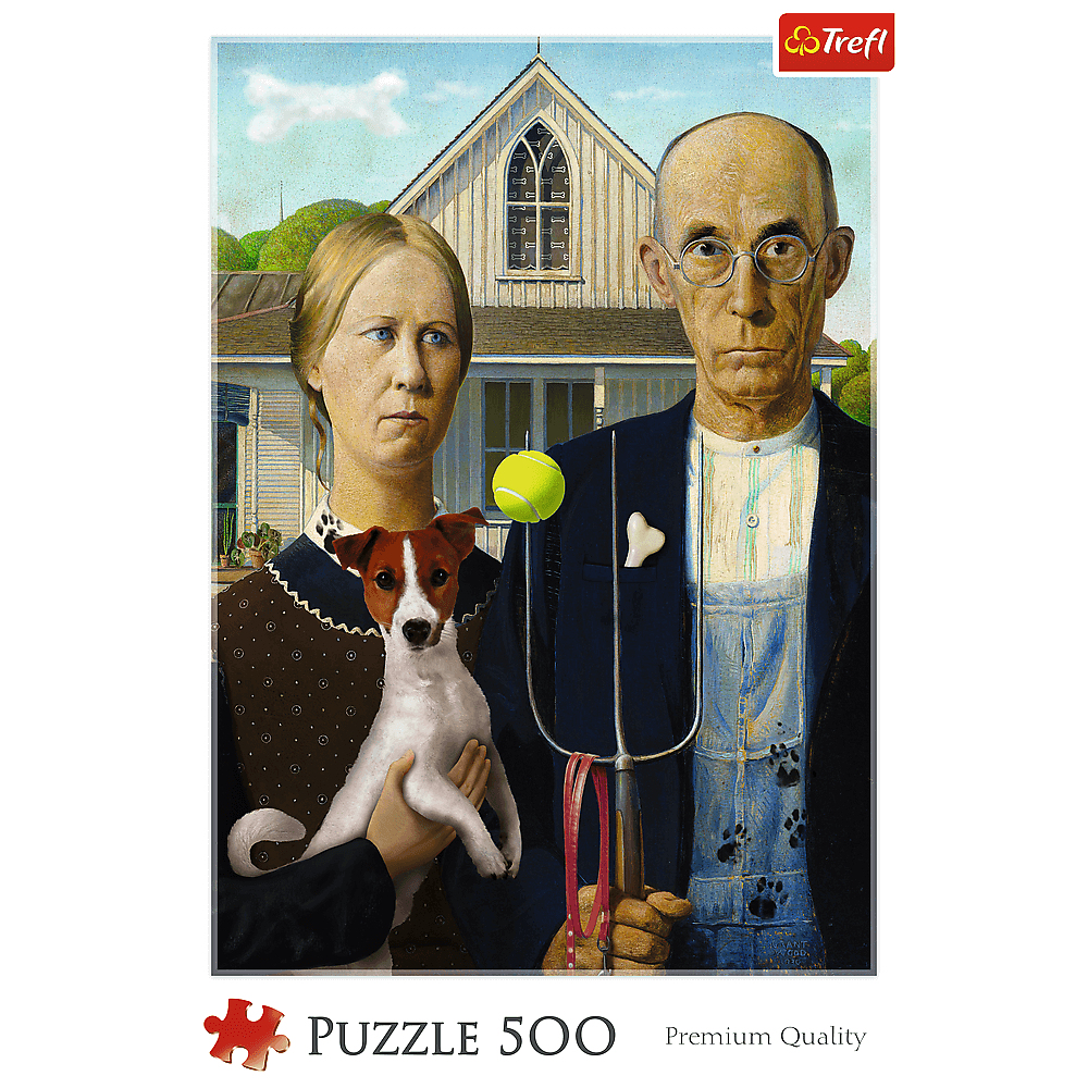 Parodie von American Gothic mit Hund, Tennisball und Hundeknochen vor einem Bauernhaus.
