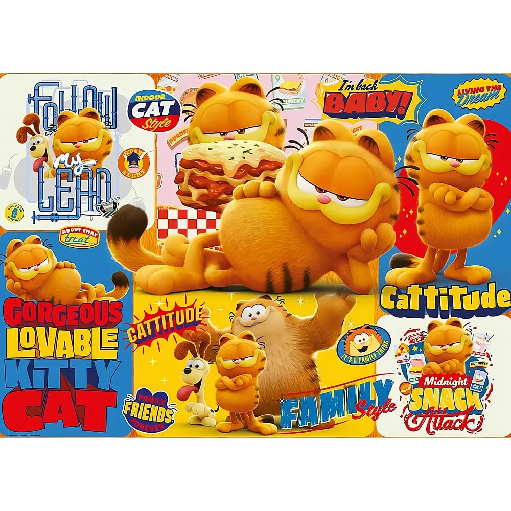 Eine bunte Collage mit verschiedenen Bildern des orangefarbenen Katers Garfield und Texten.