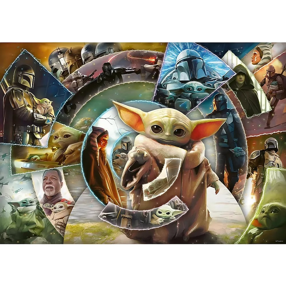 Eine Collage mit verschiedenen Szenen aus The Mandalorian und Grogu im Mittelpunkt.