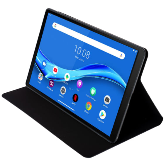 Una tableta negra en funda con soporte muestra una pantalla de inicio azul con iconos.