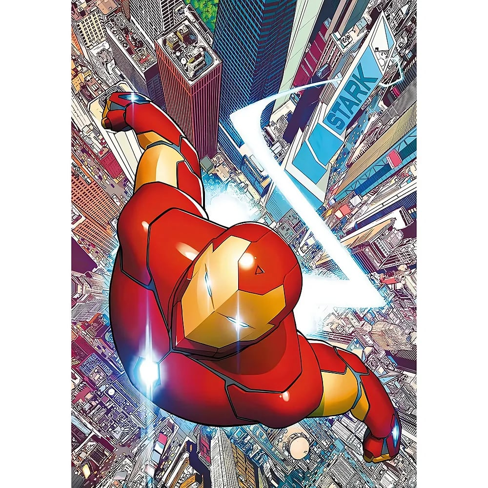 Iron Man in roter und goldener Rüstung fliegt über eine detaillierte Stadt.