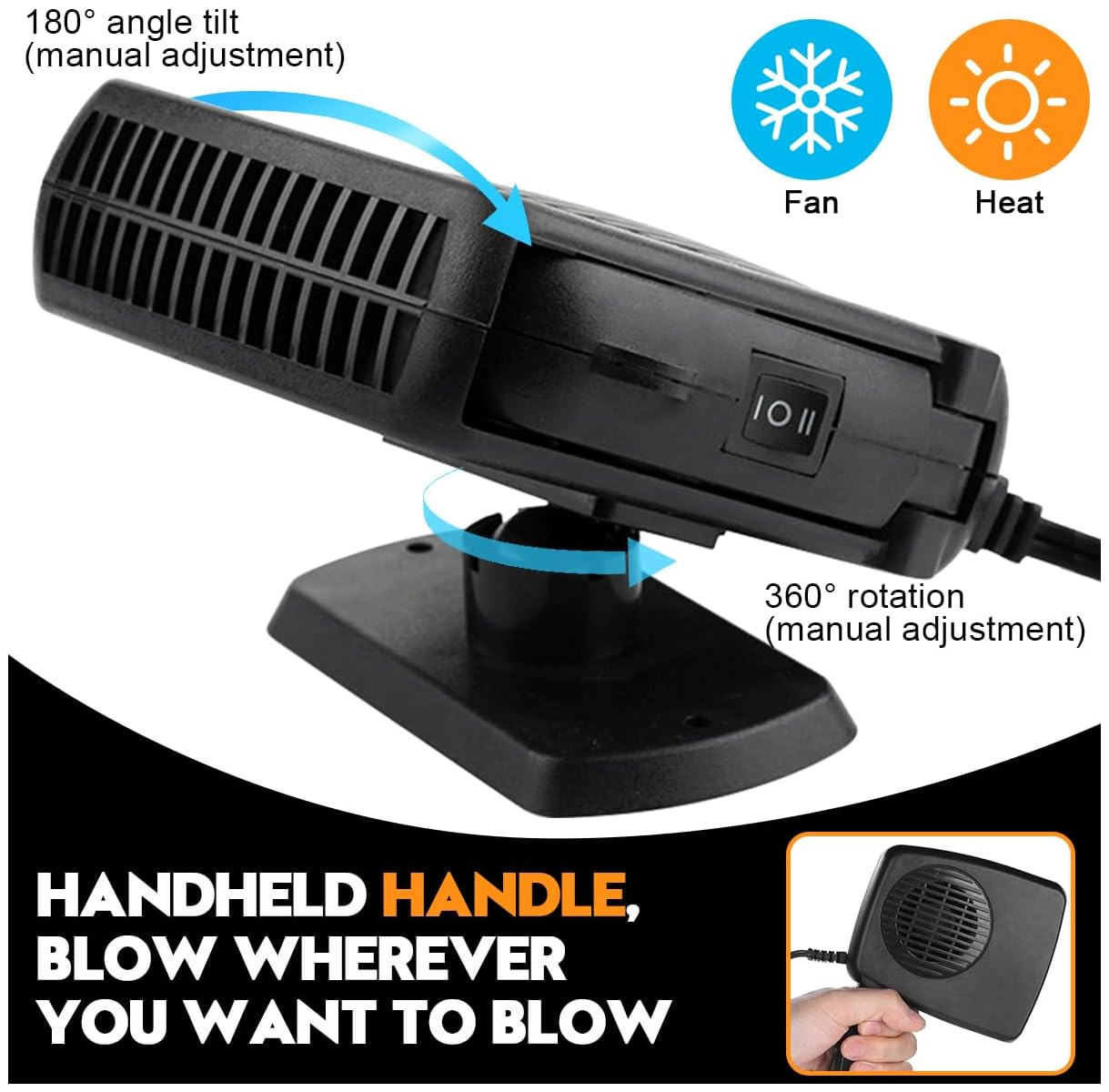 Schwarzer Autoheizer mit Handgriff, 180 Grad Neigung, 360 Grad Drehung, Fan- und Heizfunktion.