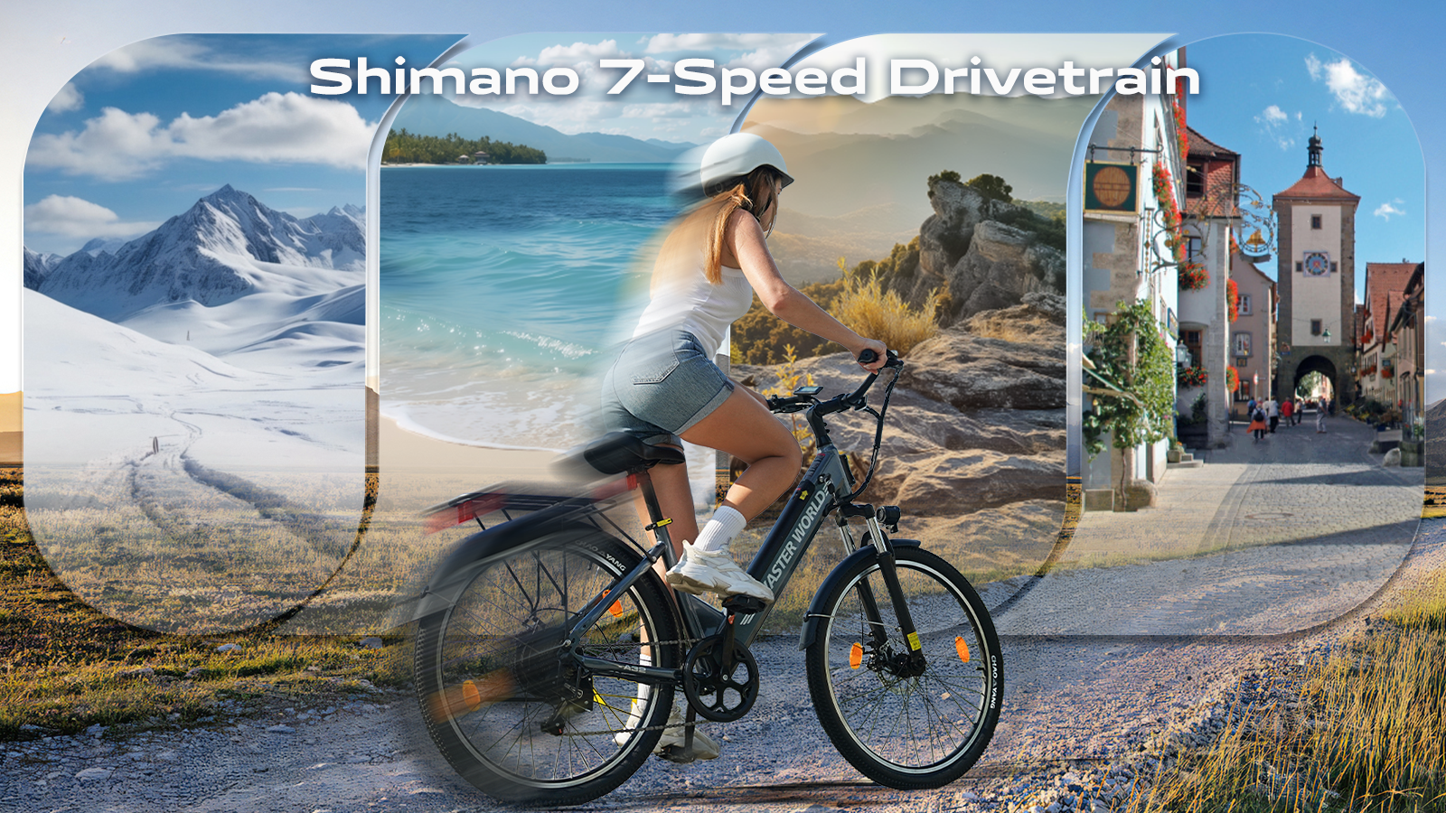 Una donna con casco guida un'e-bike davanti a un collage di foto di montagne, spiaggia e città.