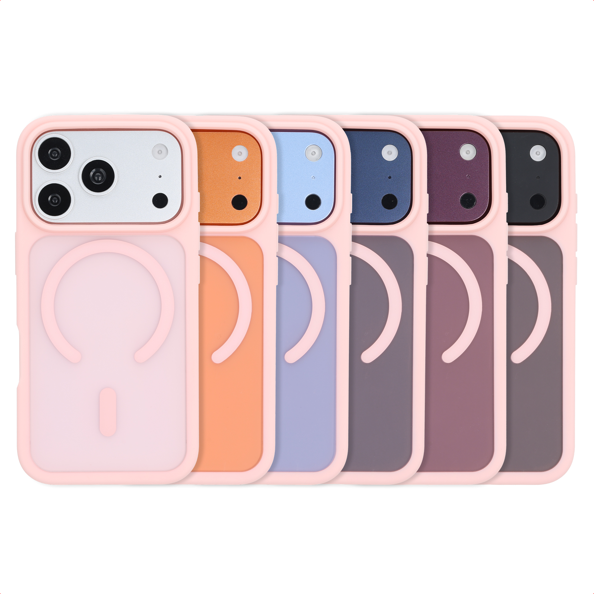 Sechs Smartphones in rosa Hüllen mit magnetischen Laderingen und verschiedenfarbigen Rückseiten auf weißem Hintergrund.