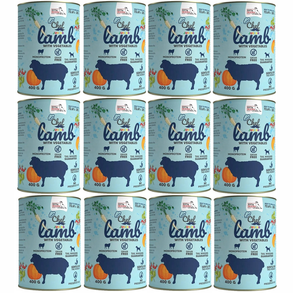 Doce latas idénticas de comida para perros con etiqueta azul, ilustración de oveja y texto "Chef Lamb with Vegetables".