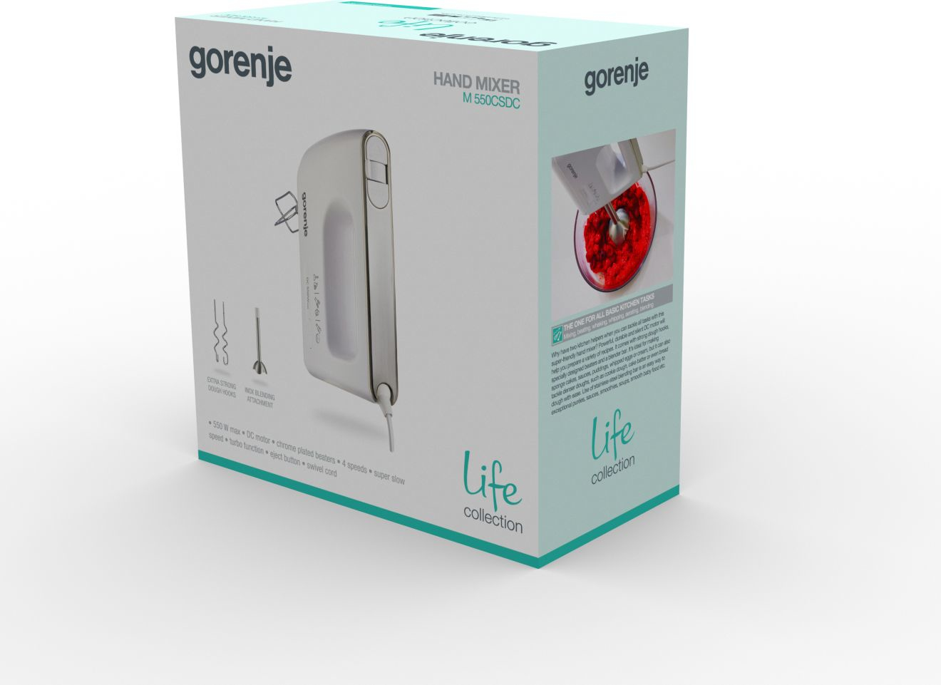 Biało-turkusowe pudełko na mikser ręczny Gorenje M 550CSDC ze zdjęciami produktu.