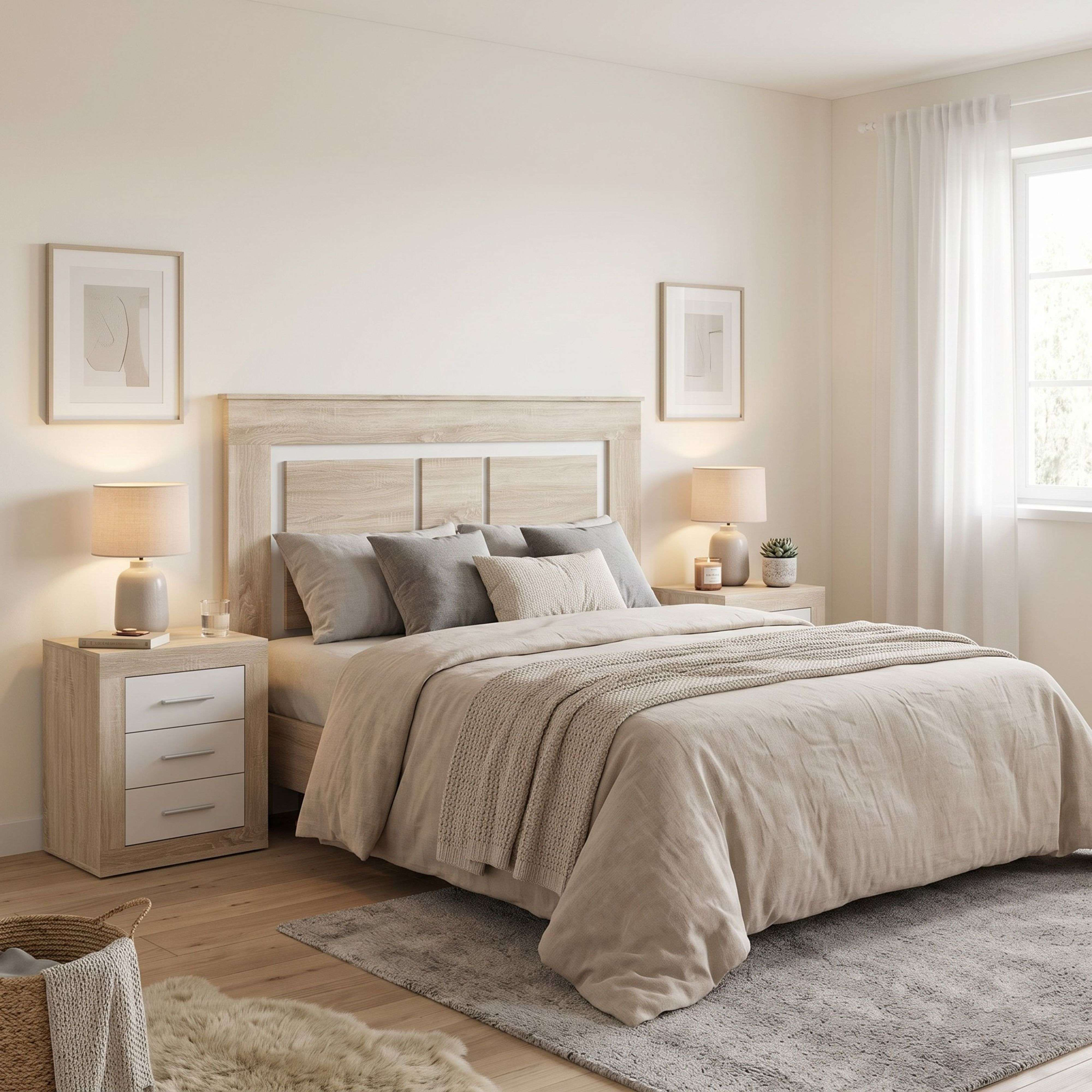 Un dormitorio luminoso y moderno con cama de madera, ropa de cama gris, mesitas de noche, lámparas y cuadros en la pared.