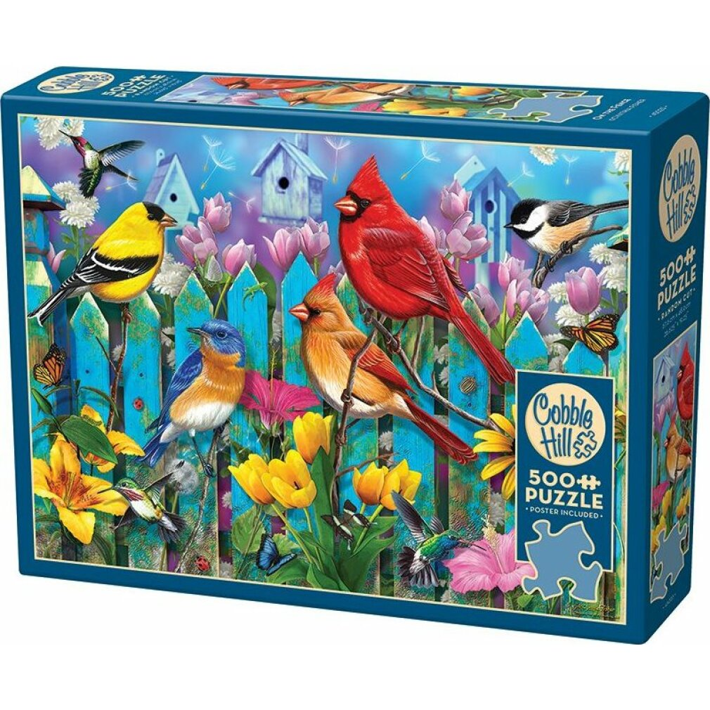 Ein Cobble Hill 500-Teile-Puzzle mit bunten Vögeln, Blumen und einem blauen Holzzaun vor einem blauen Himmel.