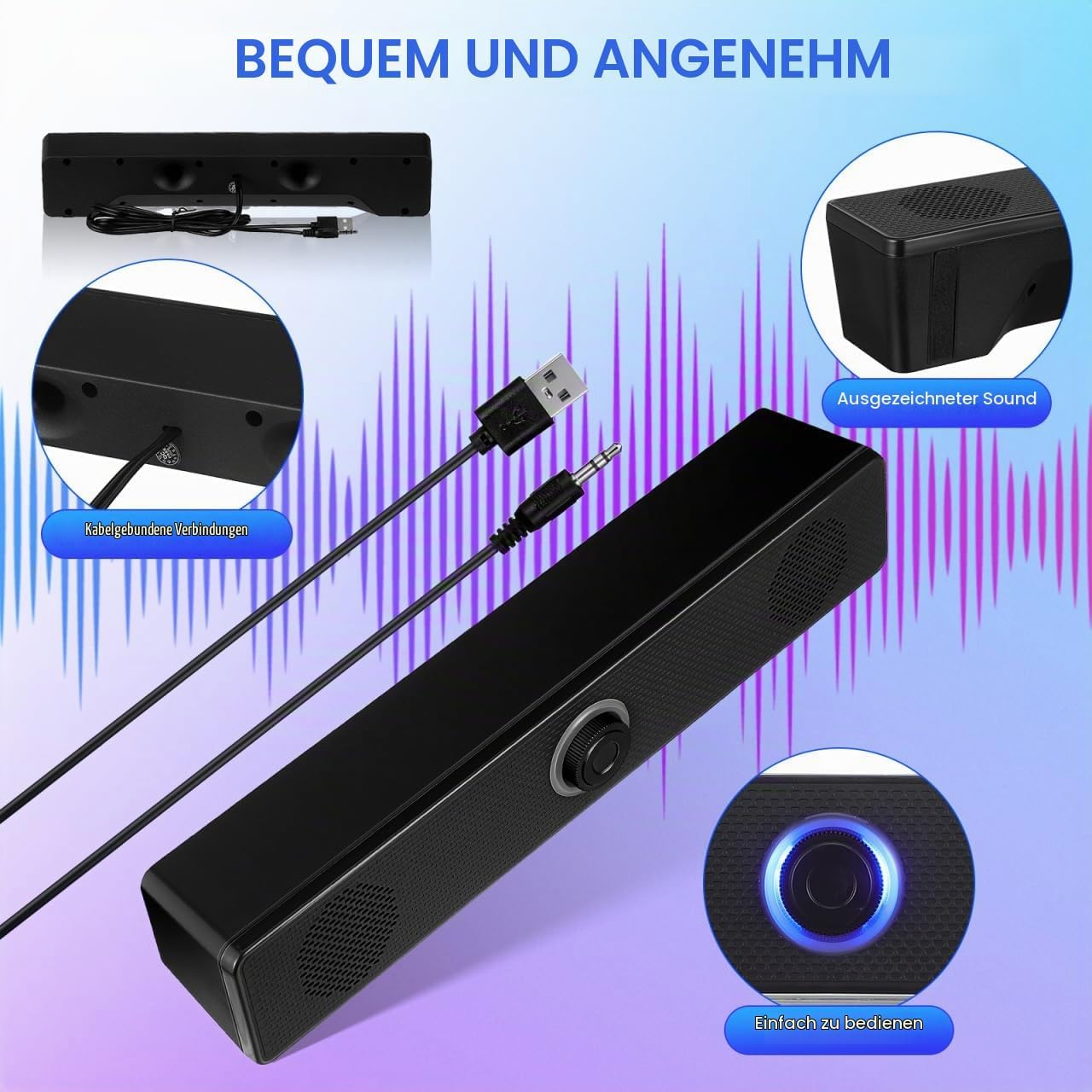 Schwarze Soundbar mit USB- und Klinkenkabel, Lautstärkeregler und blauer Beleuchtung.