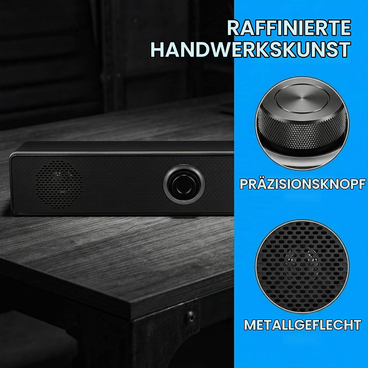 Ein schwarzer Lautsprecher auf einem Tisch, mit Nahaufnahmen eines Drehknopfs und des Metallgeflechts daneben.
