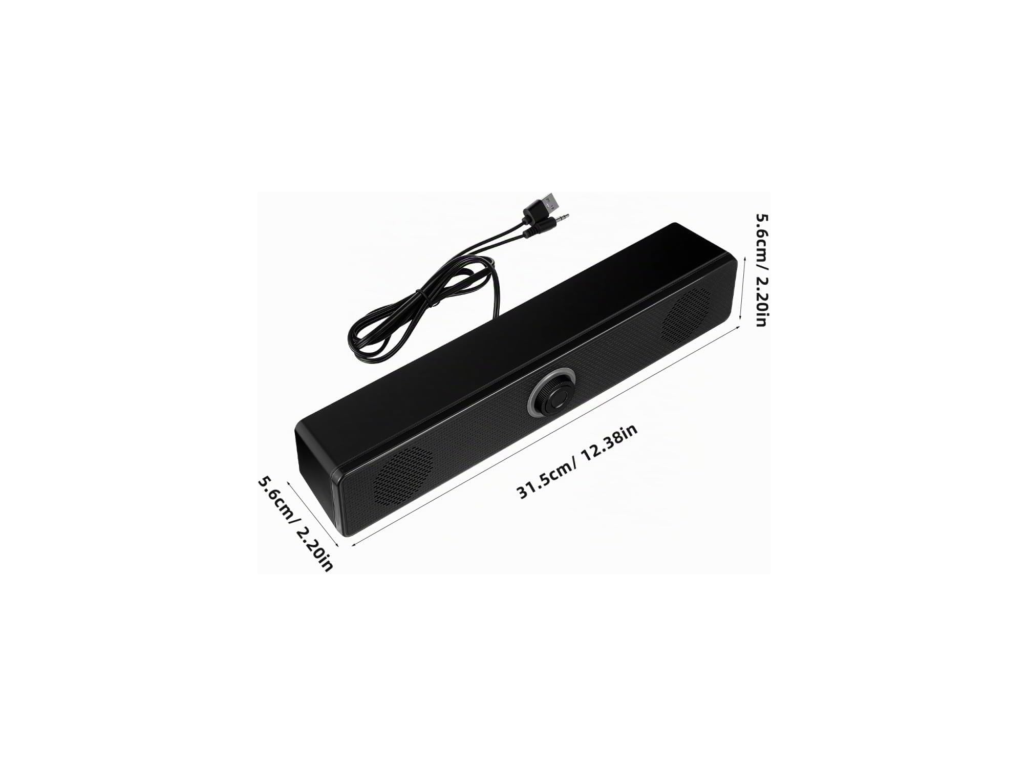 Schwarze Soundbar mit Kabel und aufgedruckten Maßangaben auf weißem Hintergrund.