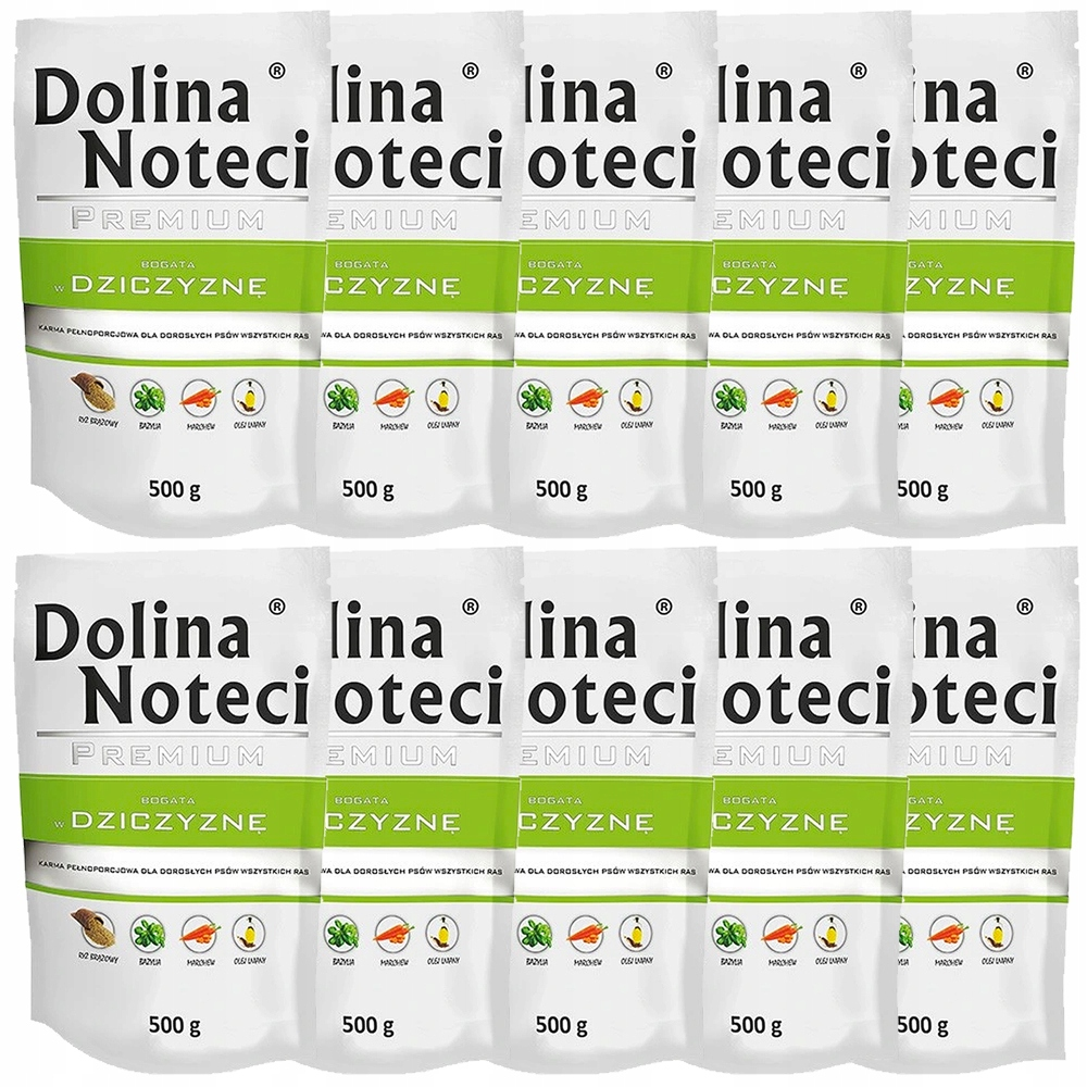 Diez sobres blancos de comida para perros Dolina Noteci en dos filas, cada uno de 500g.