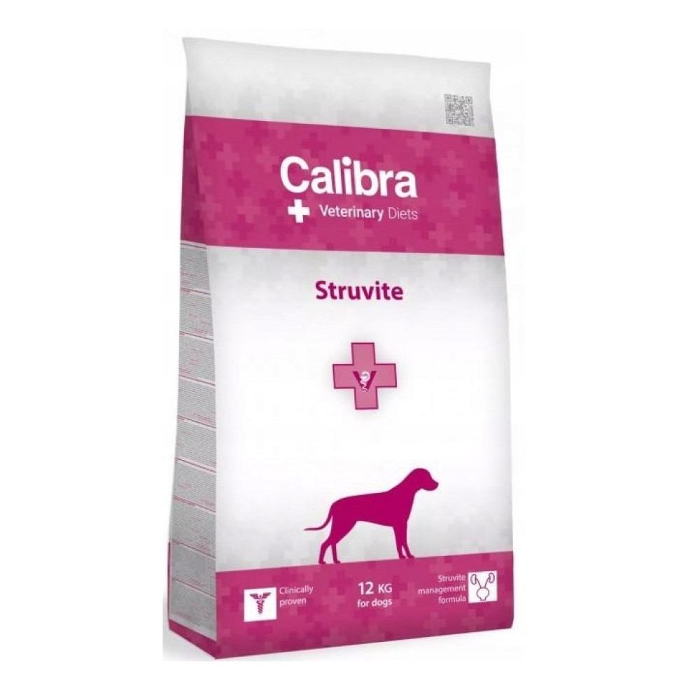 Biało-różowa torba karmy dla psów Calbra Veterinary Diets Struvite, 12 kg, z sylwetką psa.
