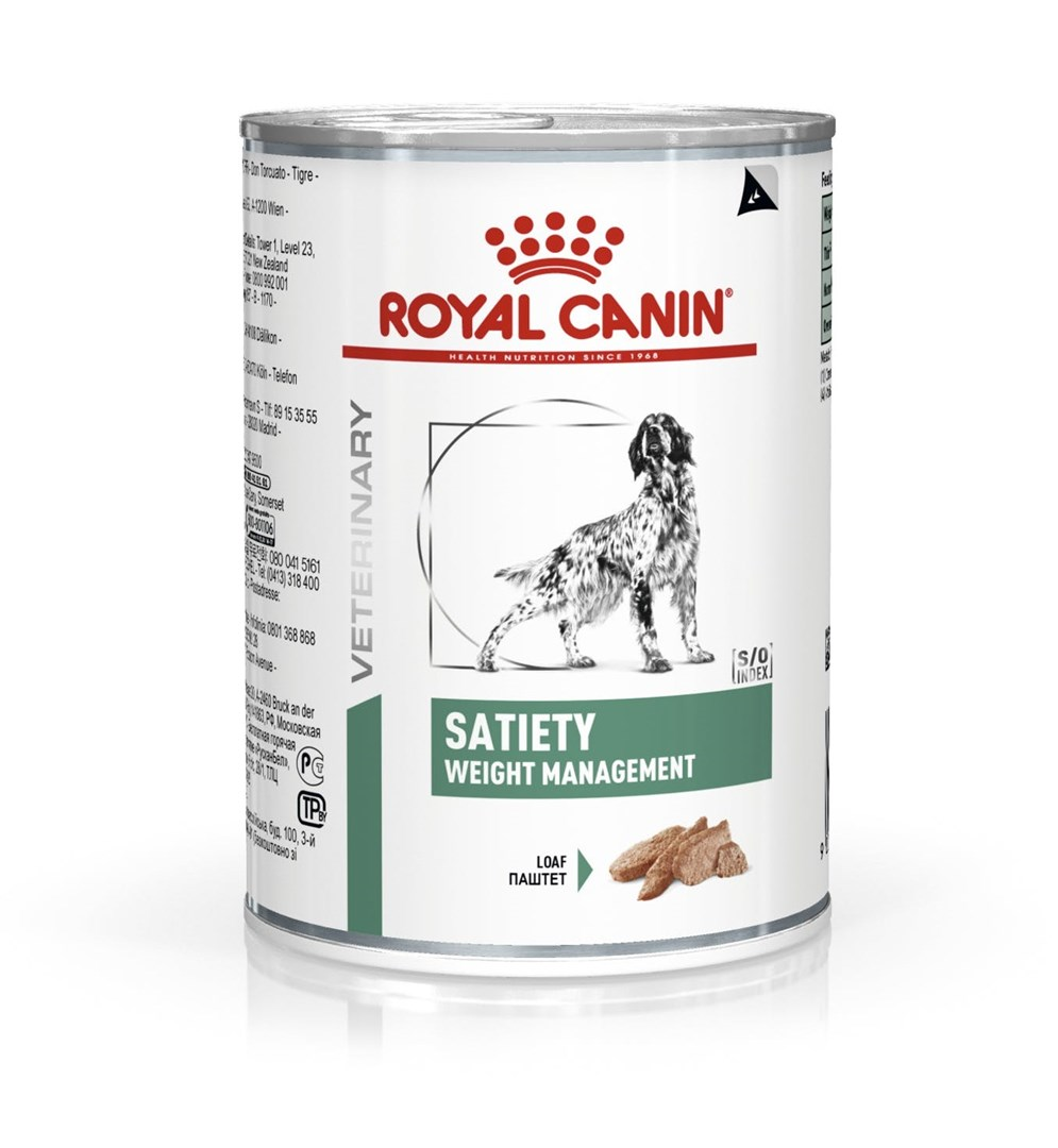 Una lata de comida para perros Royal Canin Satiety con ilustración de perro y etiqueta verde.