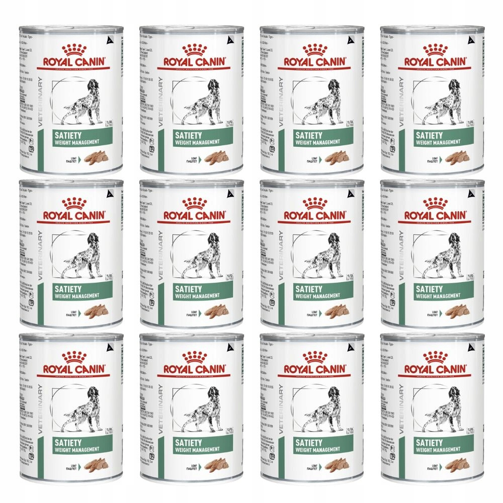 Doce latas de comida para perros Royal Canin Satiety Weight Management dispuestas en cuadrícula.