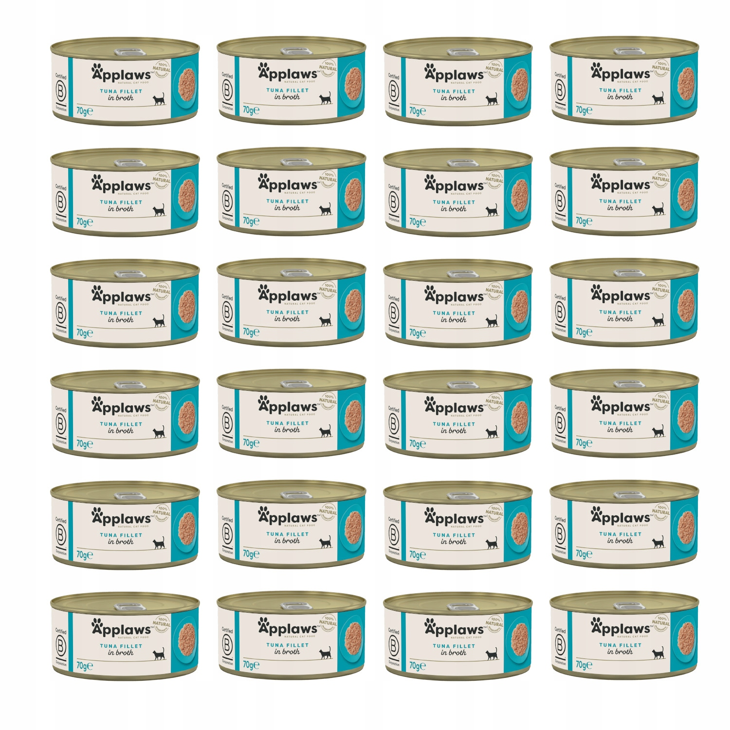 Seis filas de cuatro latas de comida para gatos Applaws de atún sobre fondo blanco.