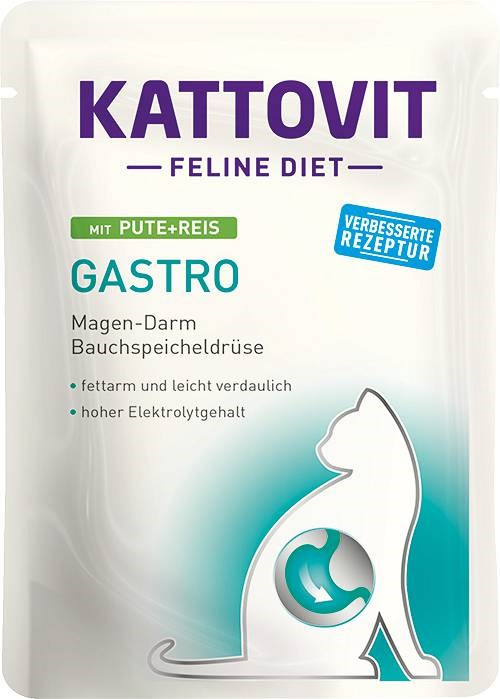 Biała saszetka karmy dla kota Kattovit Feline Diet Gastro z indykiem i ryżem.