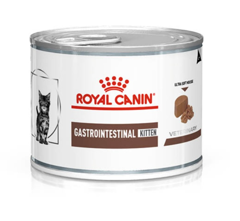 Biała puszka karm dla kociąt Royal Canin Gastrointestinal Kitten z wizerunkiem kociaka.